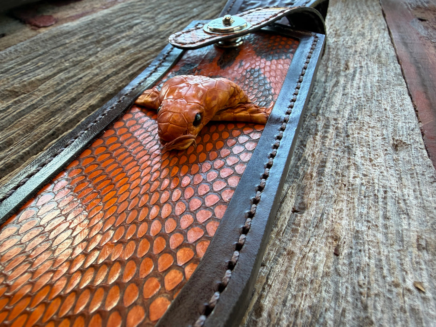New Randall Model 12-9 Bowie Sheath in Exotic Cobra with actual head by Treeman. Browns, Black and Rust, one of only a few 12-9’s I have.