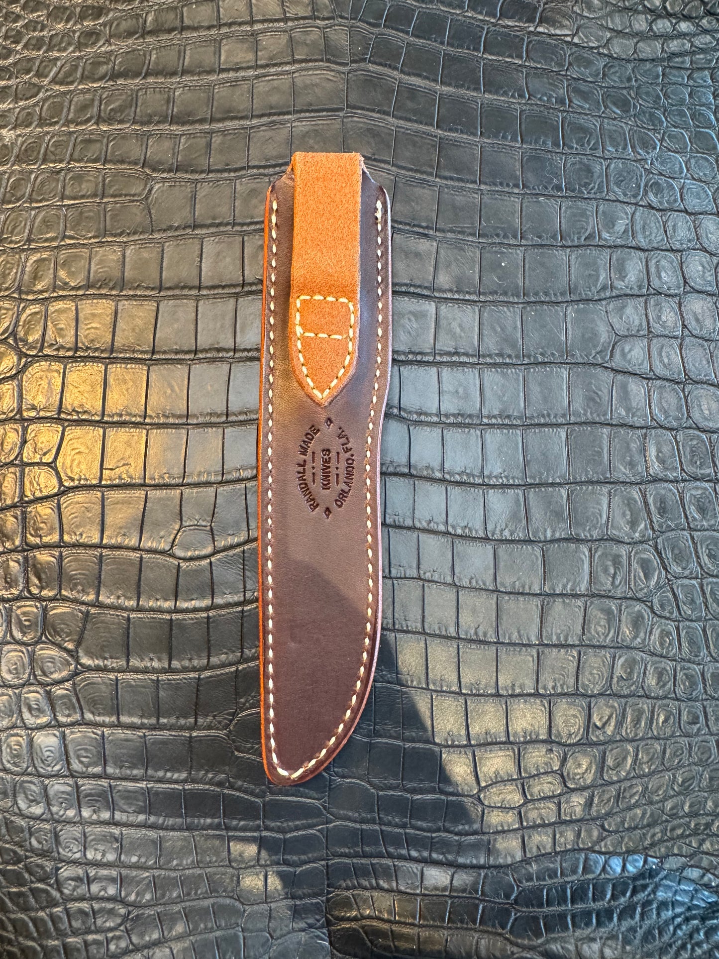 New Unused Randall Model 10-5 Sheath in Tan Leather made at Sullivans by Gutcher in Tampa Florida. Official sheath maker for Randall Knives.