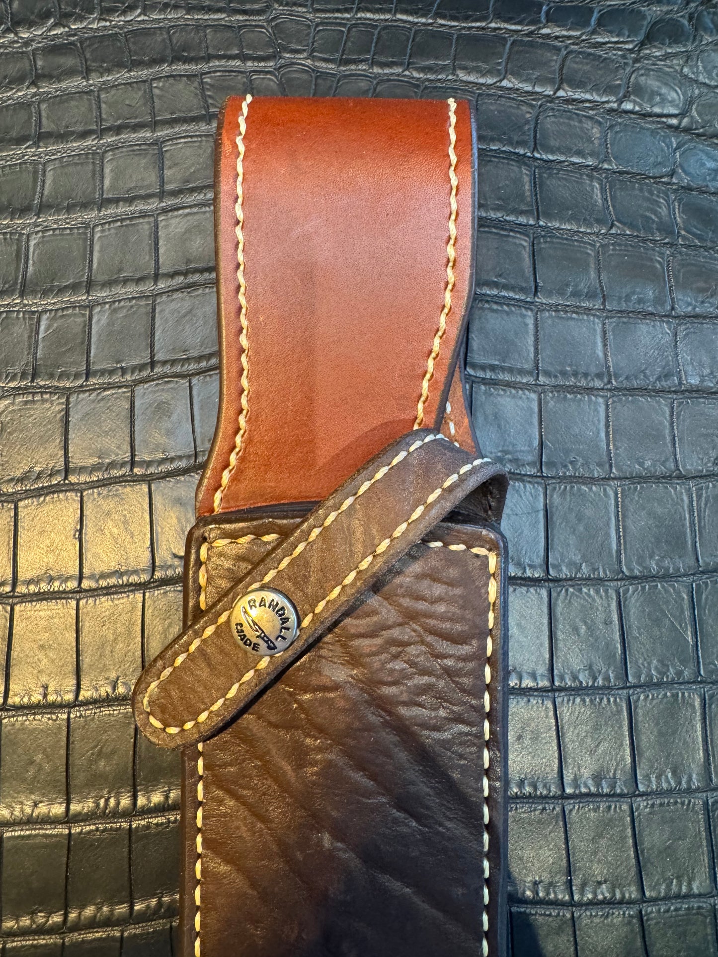 New Randall Model Clinton Special Sheath in Exotic Cape Buffalo Custom Made at Sullivan’s by Gutcher.