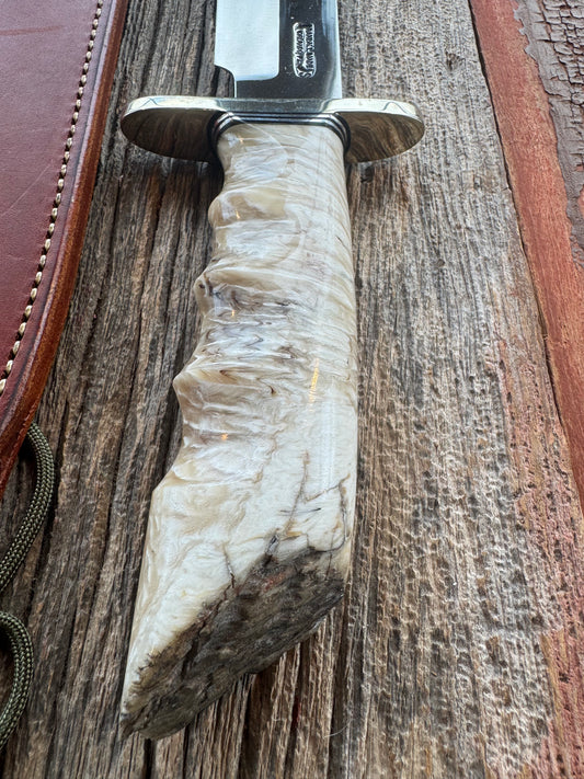Randall Model 12-9/14 Grind Large with a Huge piece of Musk Ox. Finger Groves , Nickel Silver Hilt and raw natural end.