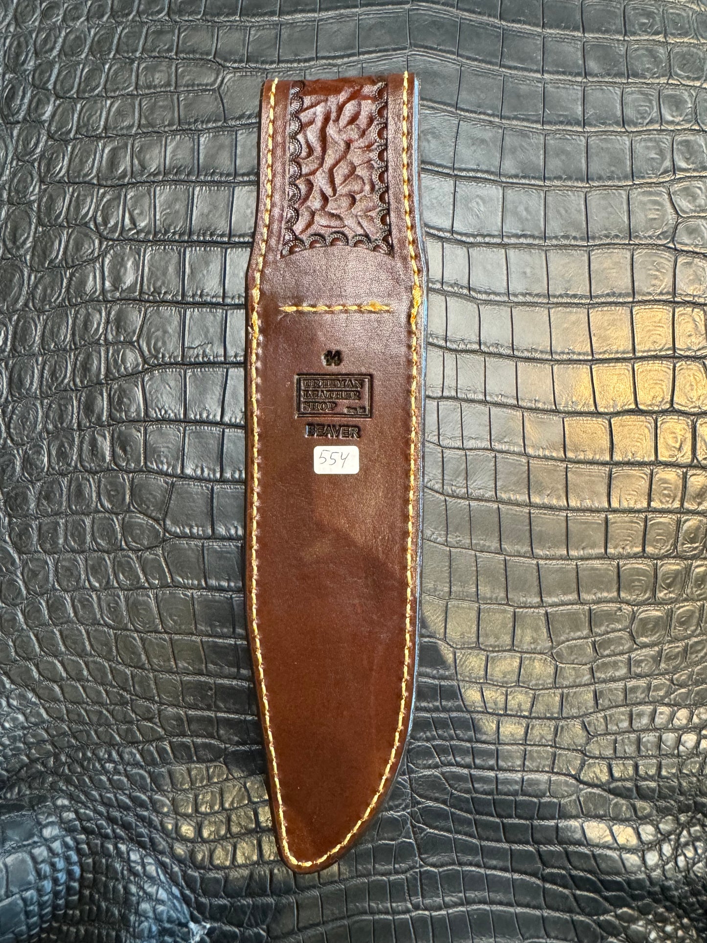 Randall Model 14 in Beaver Tail, Straight hilt, Canteen Snap, full brass stamping and stitching.
