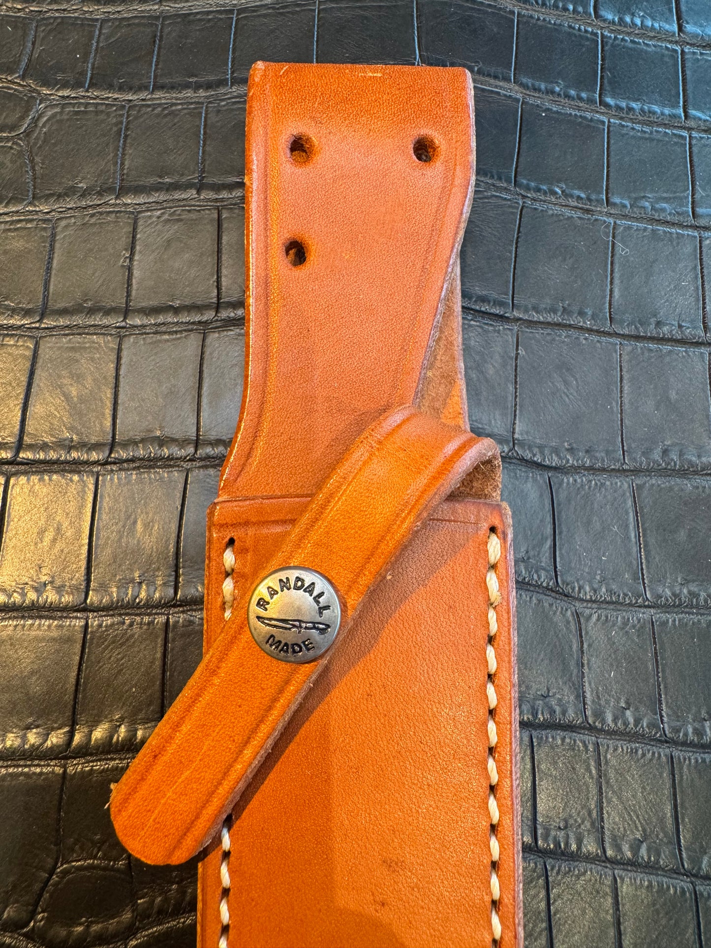 Randall Model 2-5C Sheath in Tan Leather made at Sullivans by Gutcher in Tampa Florida. Official sheath maker for Randall Knives.
