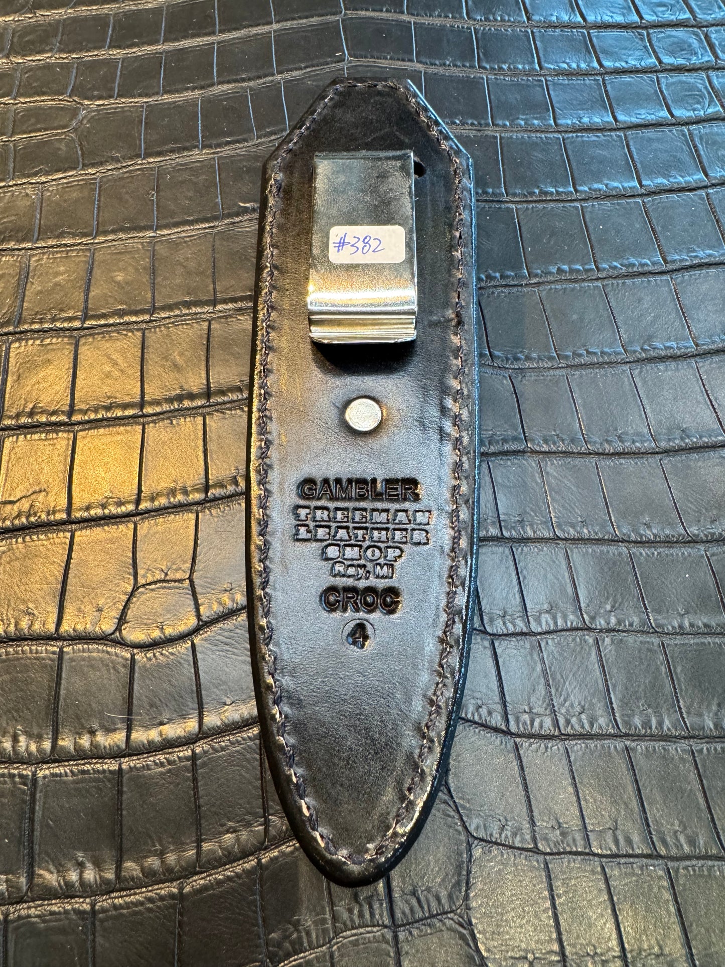 Randall Model “Gambler” 4 Inch Sheath in Exotic Black Crocodile by Treeman. (Sheath only)