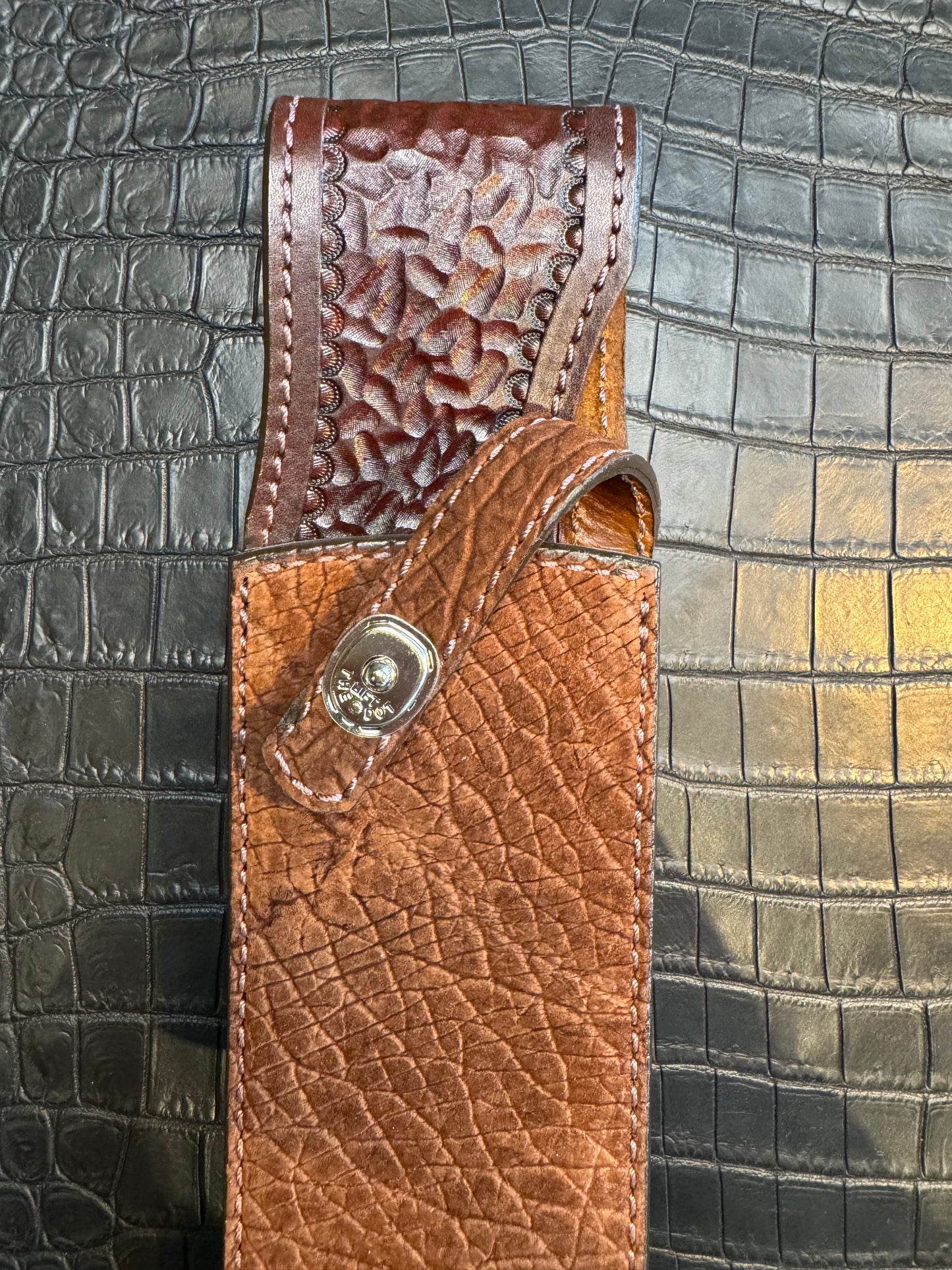 Randall Model 12-11 Smithsonian “Smitty” in Chocolate Hippo, forward curved hilt, Canteen Snap, full brass stamping and stitching.