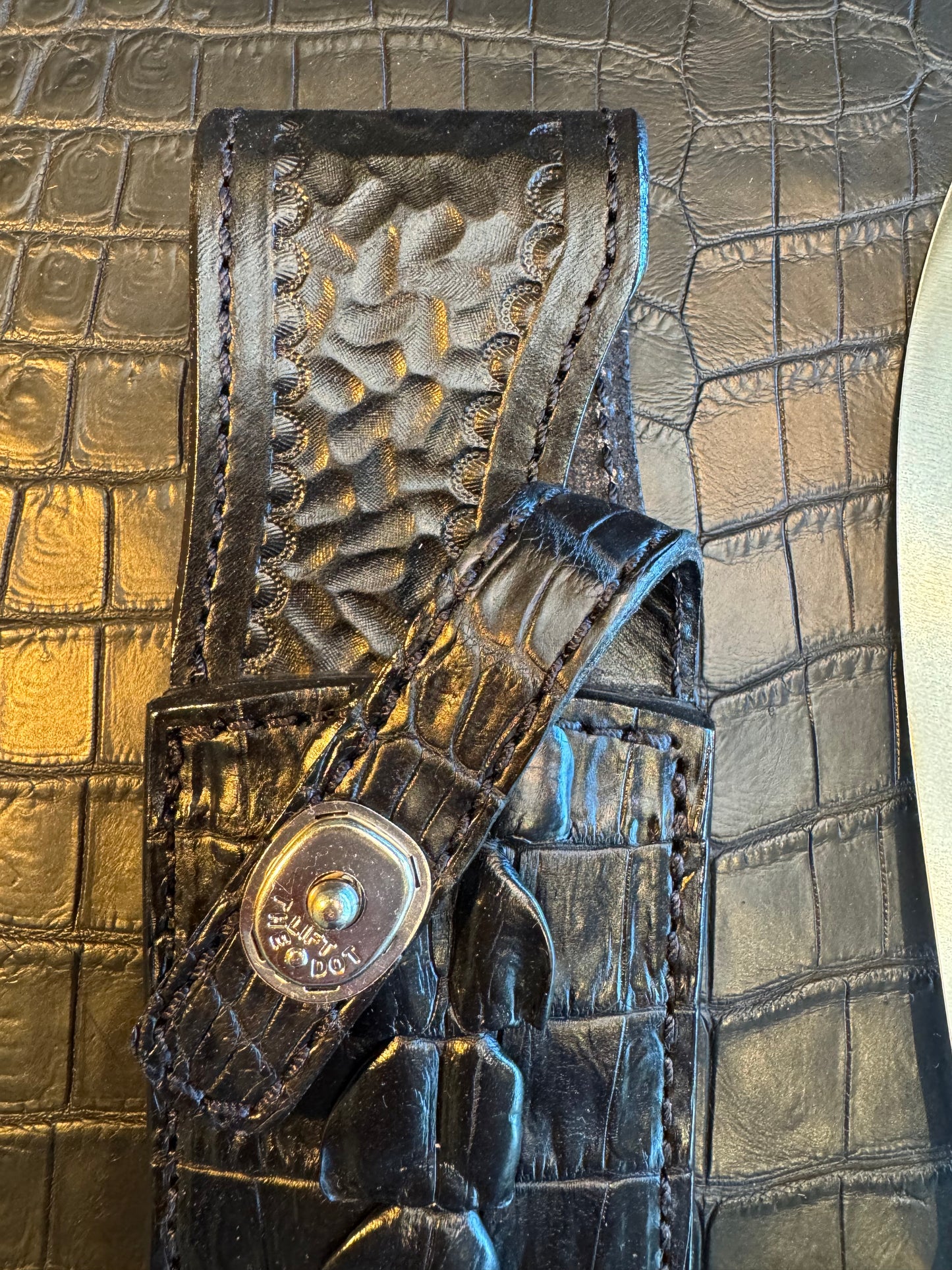 Randall Model 12-8 “Big Bear” Sheath in Exotic Black Hornback Crocodile Tail by Treeman. (Sheath only)