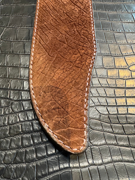 Randall Model 12-9 Bowie Clip Point in Chocolate Hippo, forward curved hilt, Canteen Snap, full brass stamping and stitching.