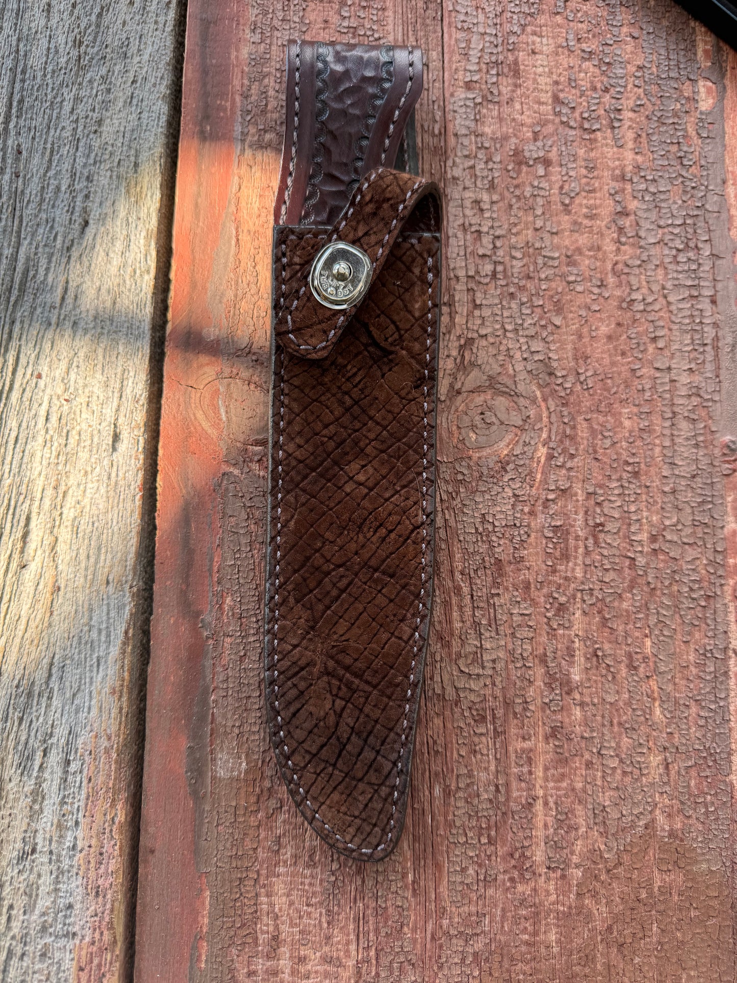 Randall Model 1-8 Sheath in Exotic Sueded Chocolate Brown Hippo by Treeman.