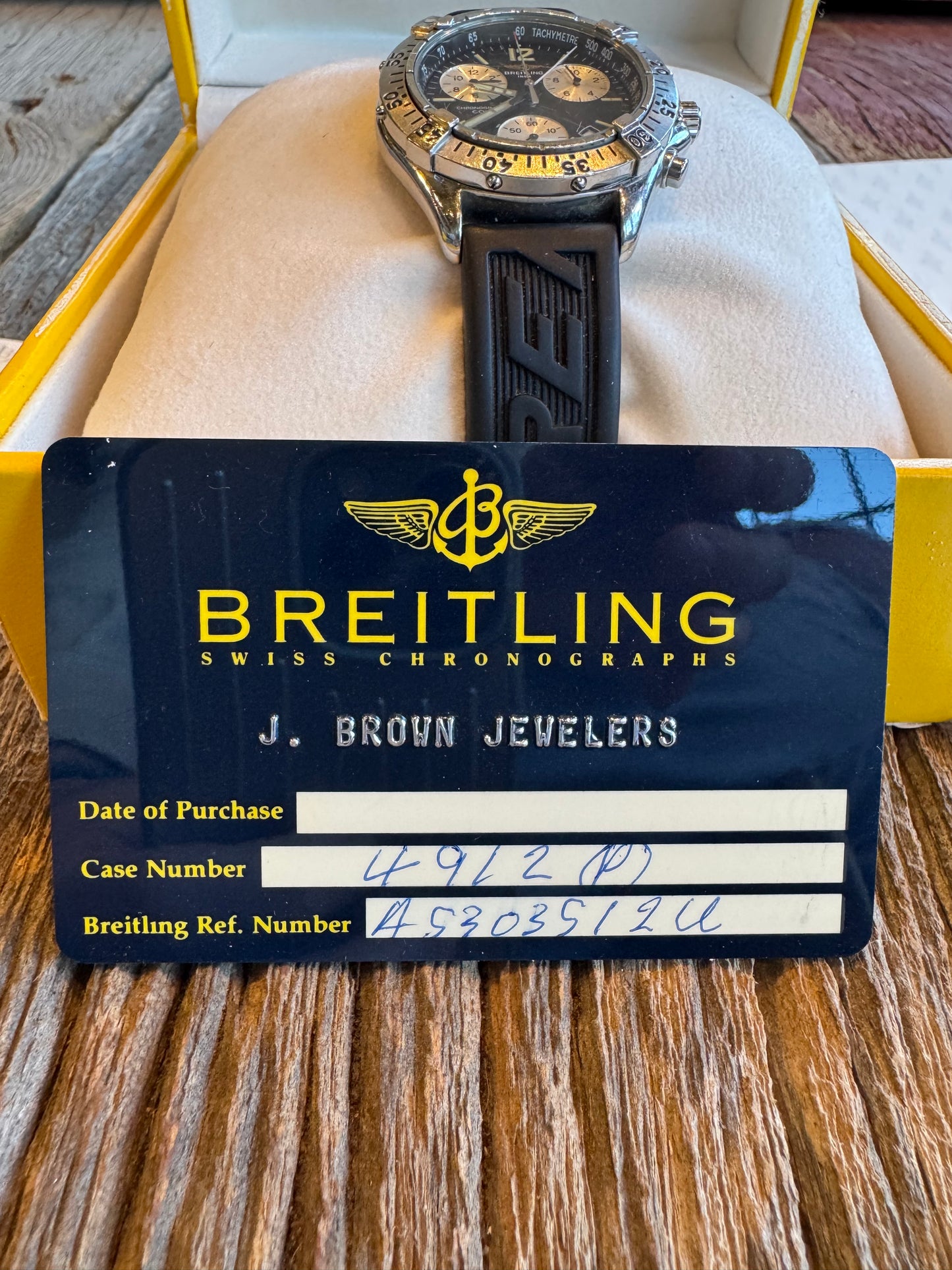 1999 Breitling Colt Chronograph. Black Dial with Breitling rubber divers strap. Ref A53035Box and papers included.