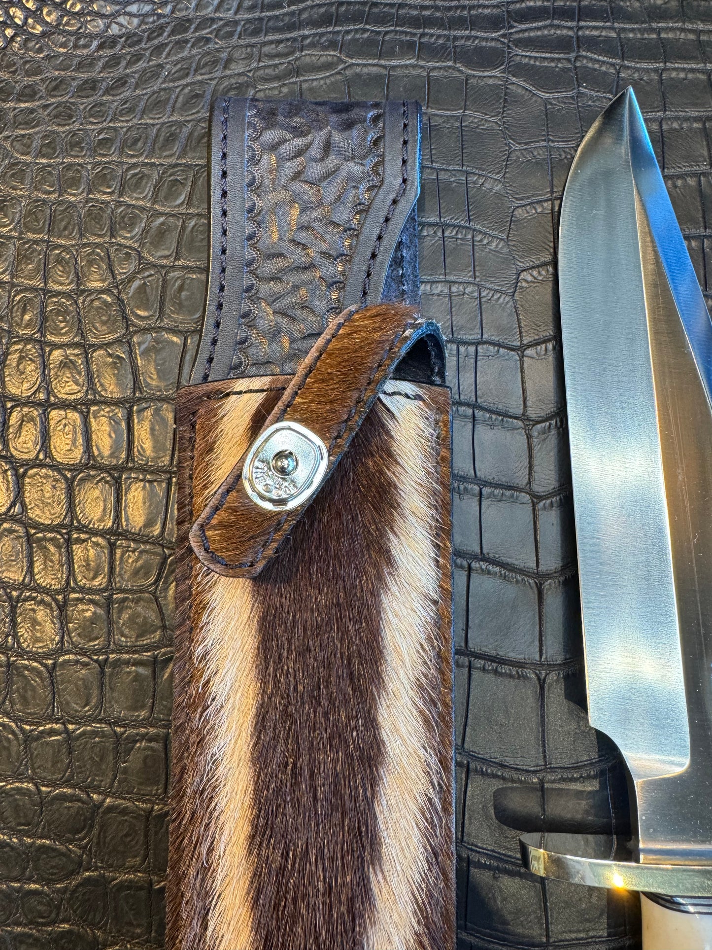 Randall Model 12-9 Clip Point Sheath in Exotic Zebra Fur ( Face stripes) by Treeman. (Sheath only)