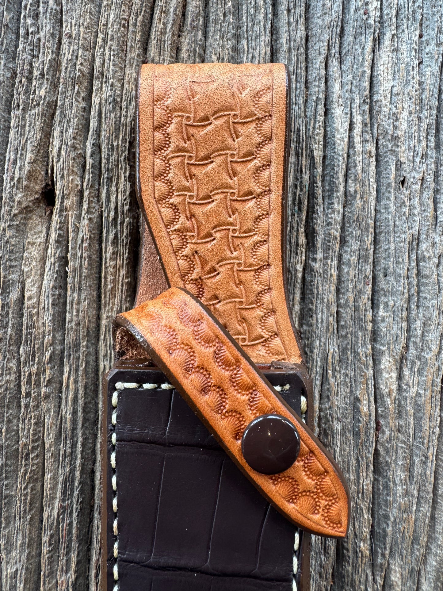 New Randall Model Combat Companion Sheath in Exotic Brown Natural Croc with full leather hand tooled belt loop. Custom Made at Sullivan’s by Gutcher.