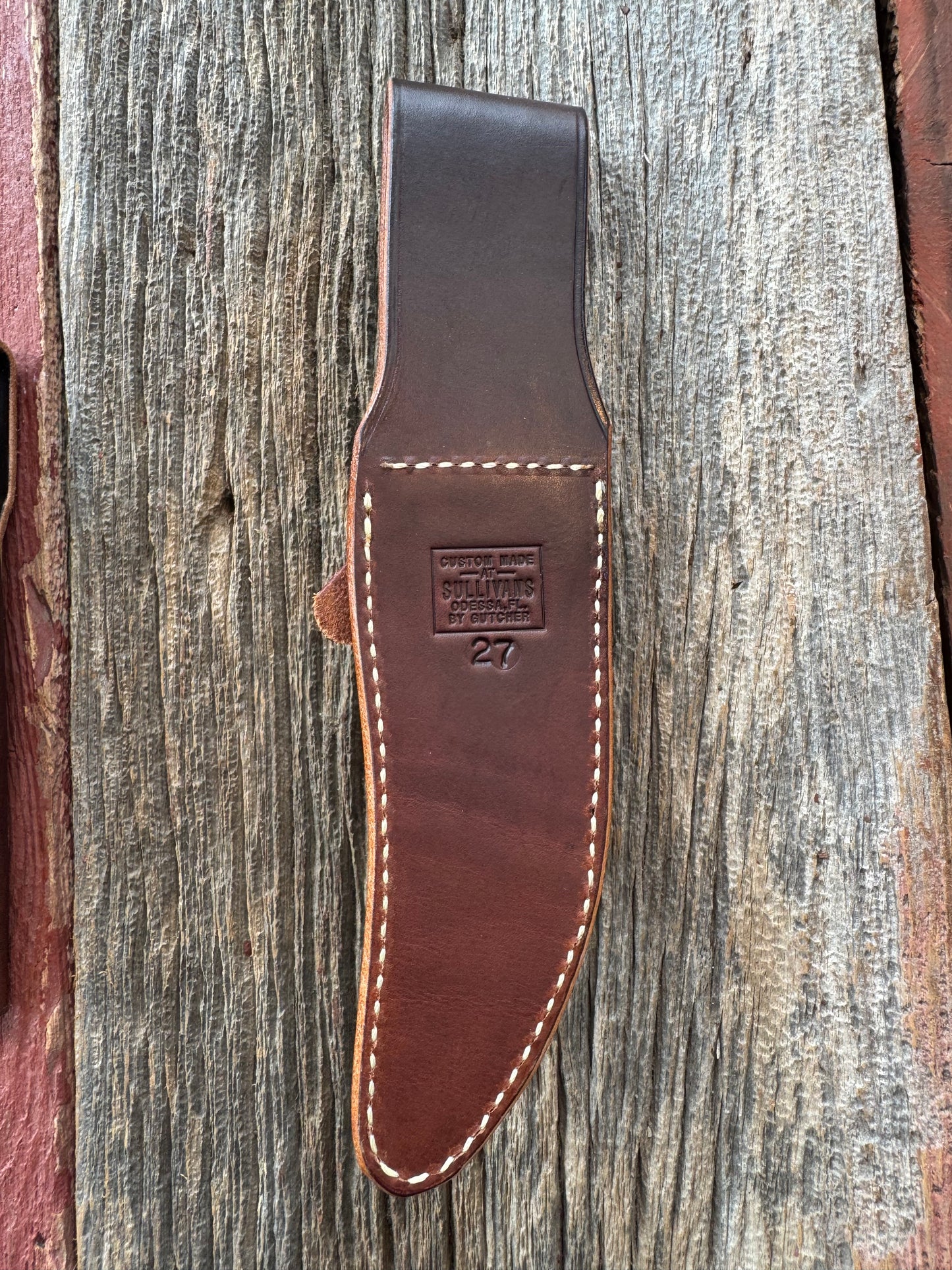 New Randall Sullivans by Gutcher Leather Knife Sheath Model 27 with sharpening stone.