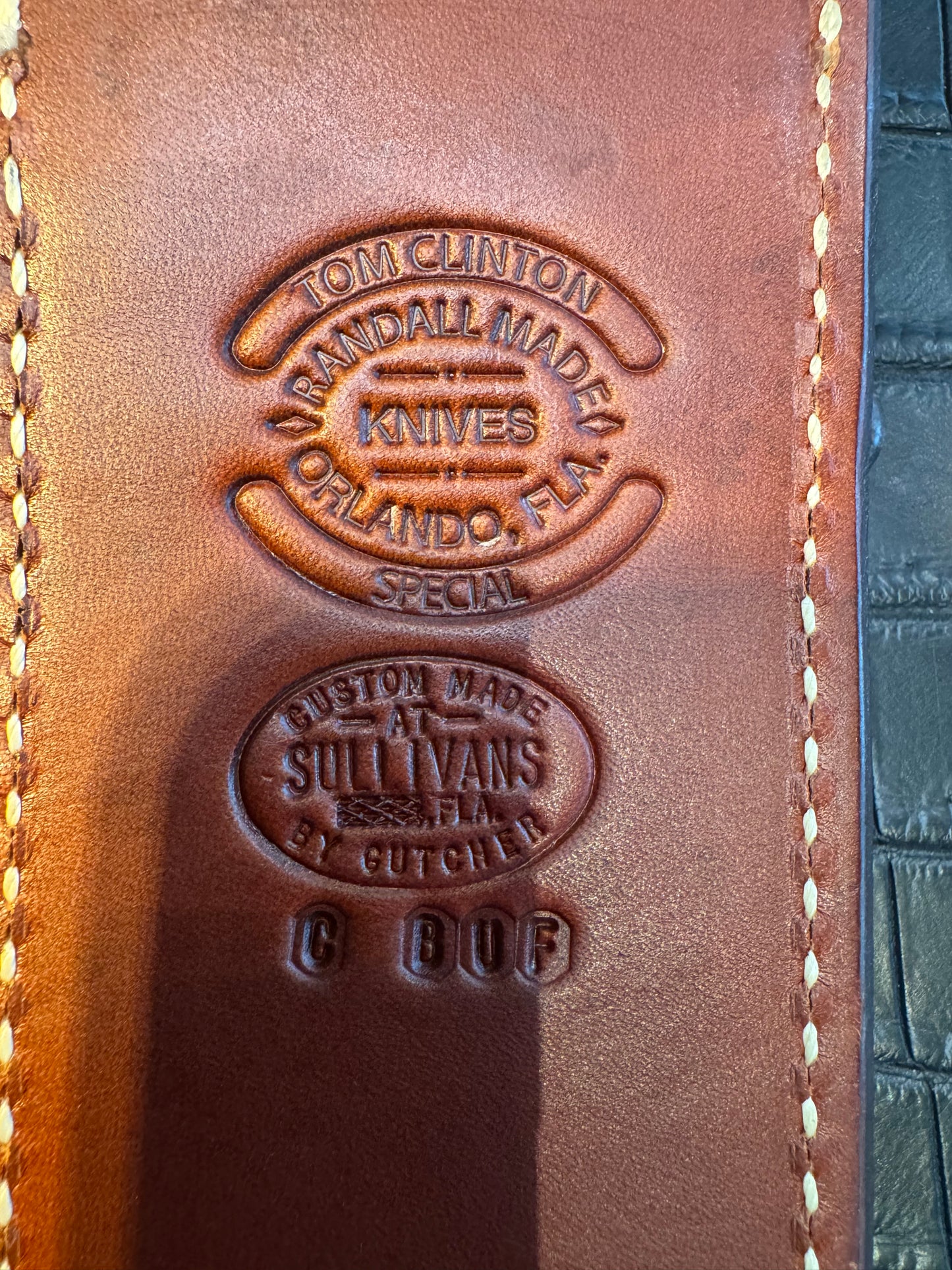 New Randall Model Clinton Special Sheath in Exotic Cape Buffalo Custom Made at Sullivan’s by Gutcher.