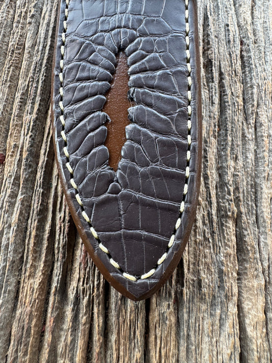 New Randall Model Combat Companion Sheath in Exotic Brown Natural Croc with full leather hand tooled belt loop. Randall snap and stamp on the back. Custom Made at Sullivan’s by Gutcher