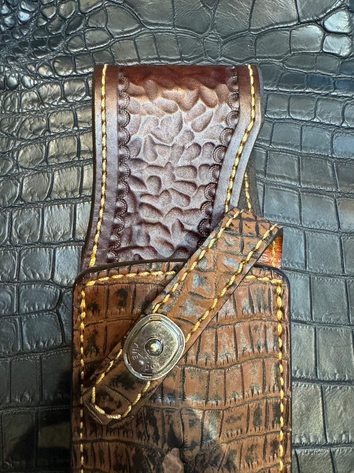 Randall Model 12-11 Smithsonian “Smitty” Exotic Sheath in Brown Antique Safari Crocodile Anus with a Hippo Insert by Treeman.