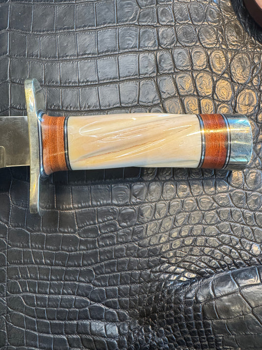 Rare Randall Knife 12-9 (25 Handle) Stacked leather and Beefy Spiraled Narwal, Nickel Silver Hilt and Butt Cap. Black and Aluminum Spacers.