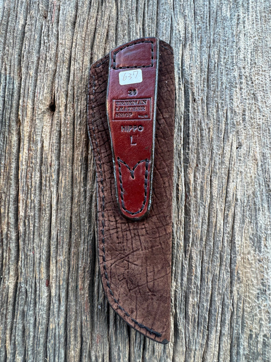 Randall Model 26 Sheath in Exotic Chocolate Hippo Throat style from Treeman. This is a left hand sheath.