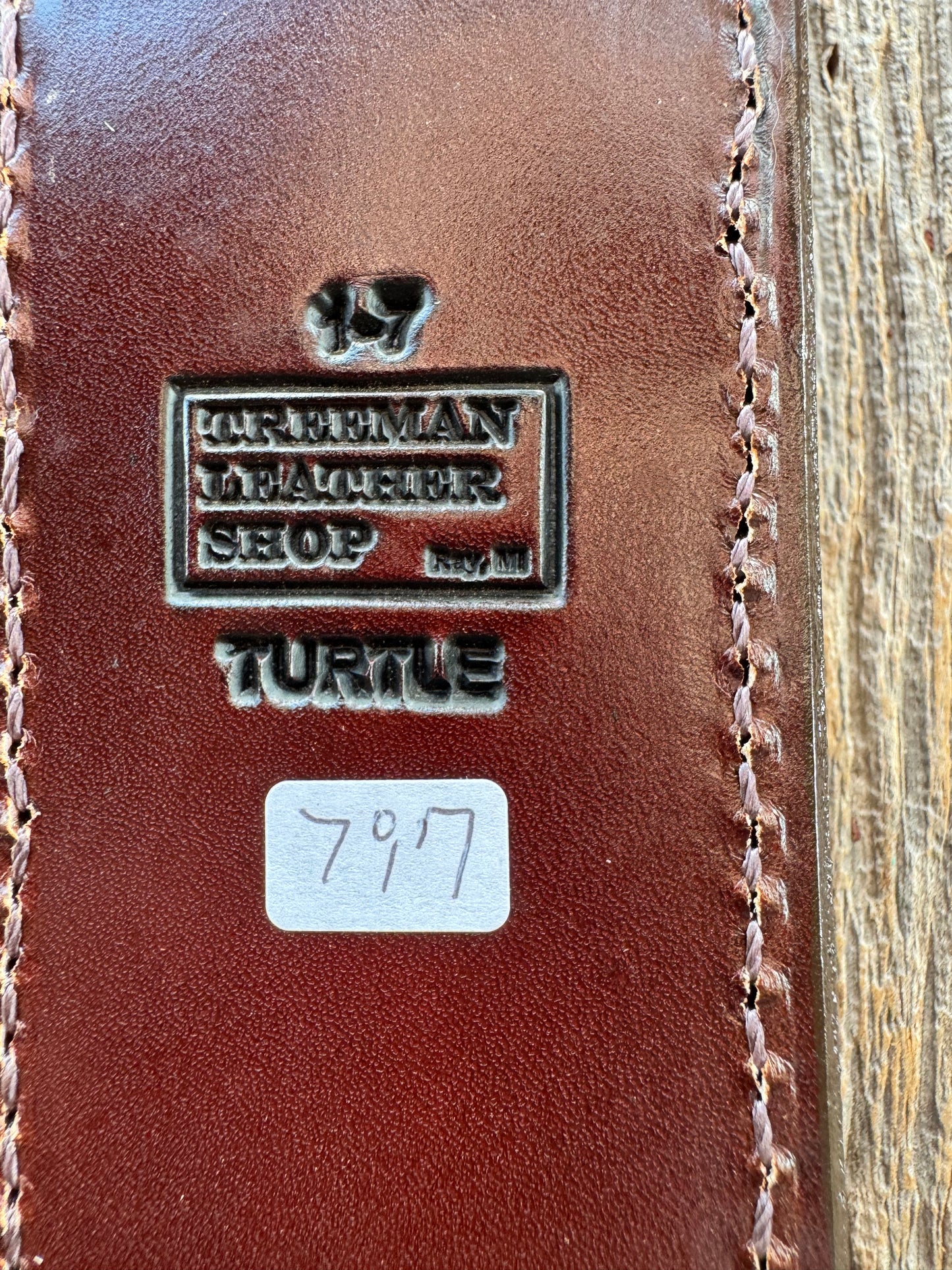 Randall Model 1-7 Sheath in Exotic Matte Light Brown Snapping Turtle by Treeman. Spiked Dragon tail portion of the turtle.