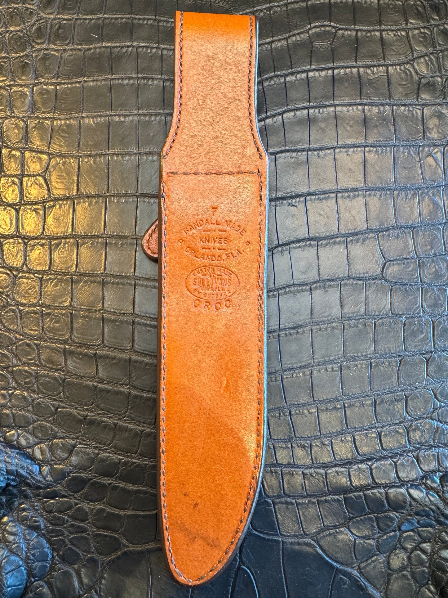 Randall Model 1-7 or 2-7 Exotic Brown Crocodile skin Sheath from Sullivans by Gutcher.