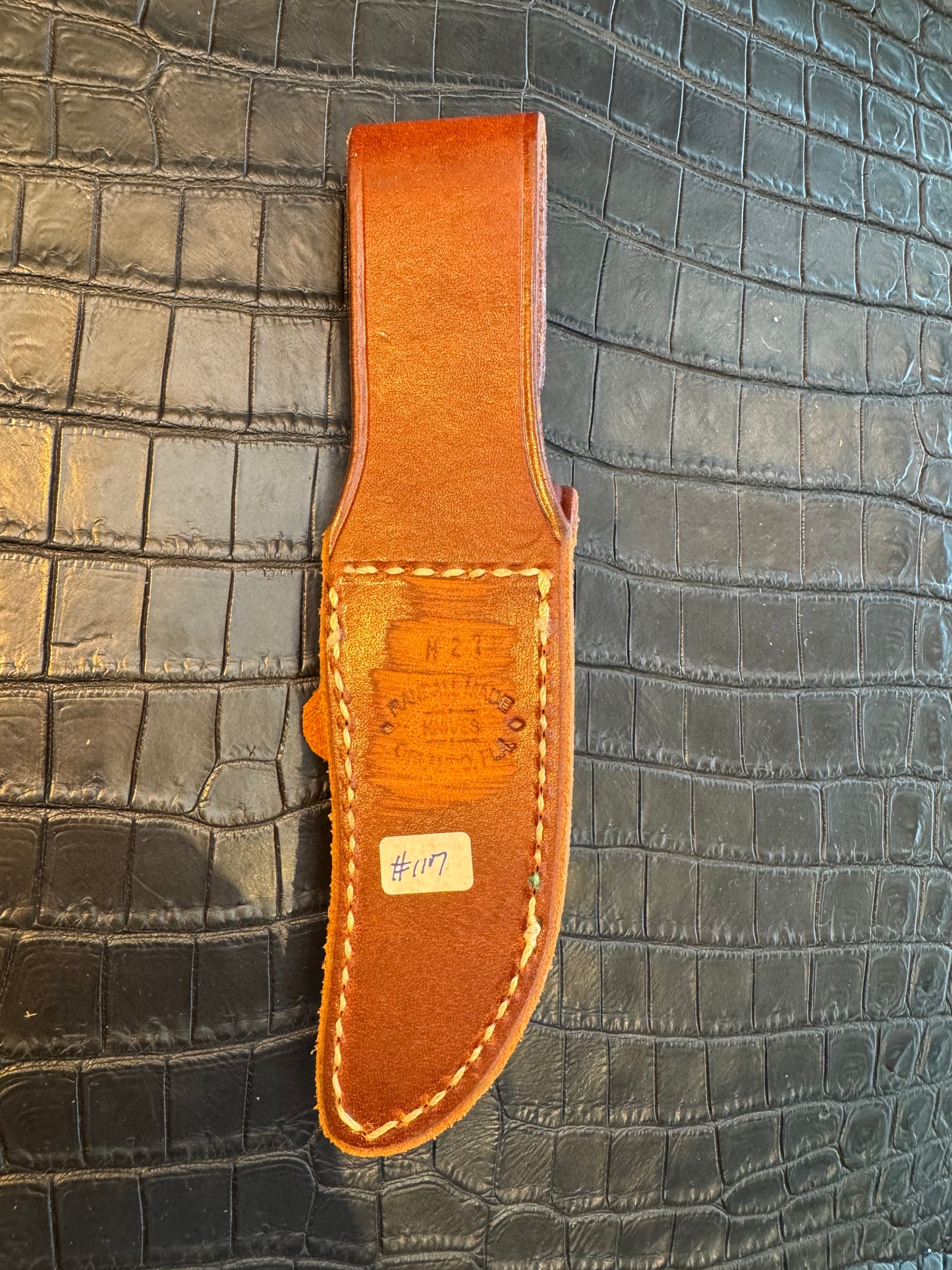 Randall Model 27 Mini (second) Sheath in Tan Leather made at Sullivans by Gutcher in Tampa Florida. Official sheath maker for Randall Knives.