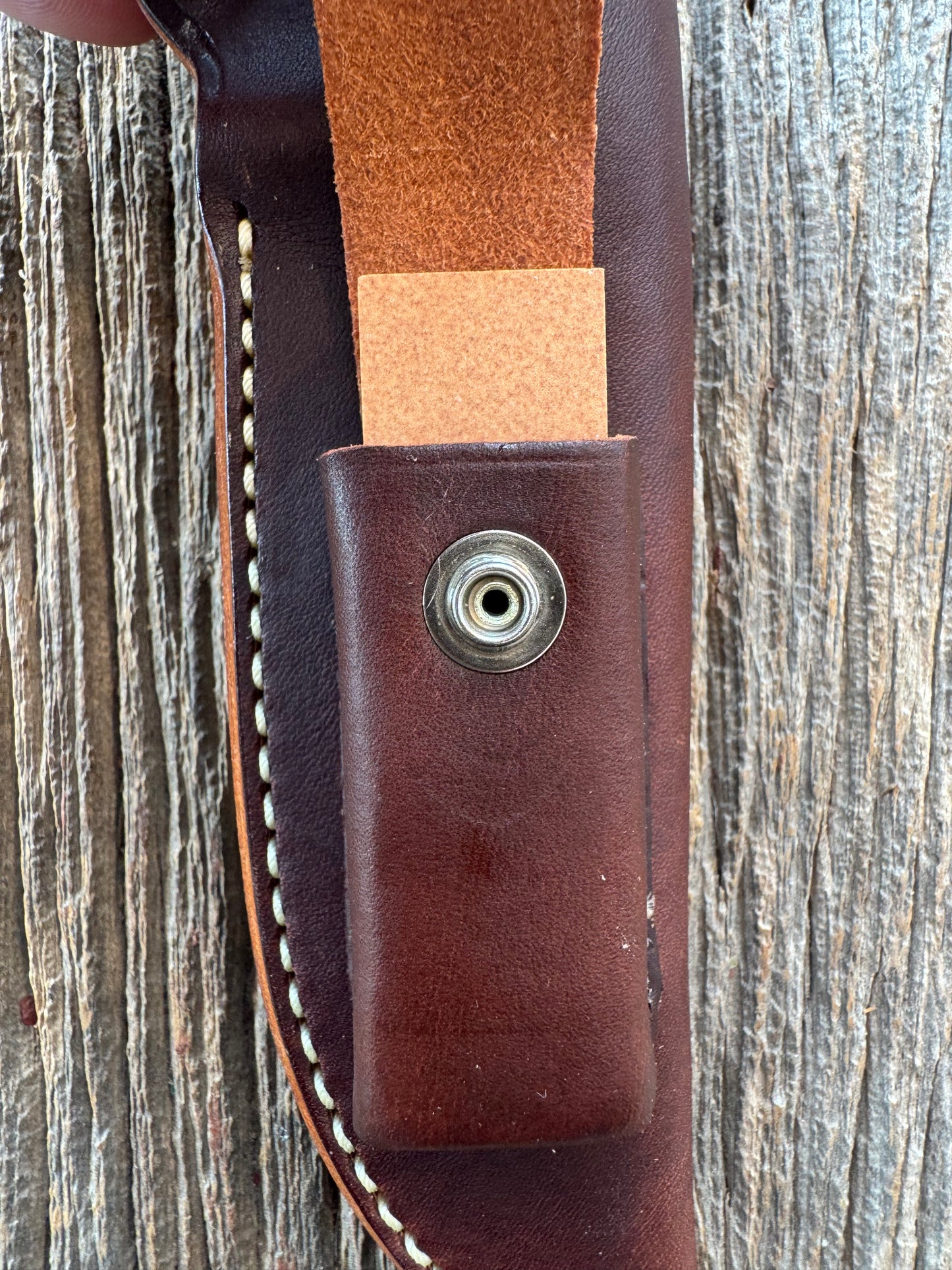 New Randall Sullivans by Gutcher Leather Knife Sheath Model 25-5 with Sharpening Stone throat style.