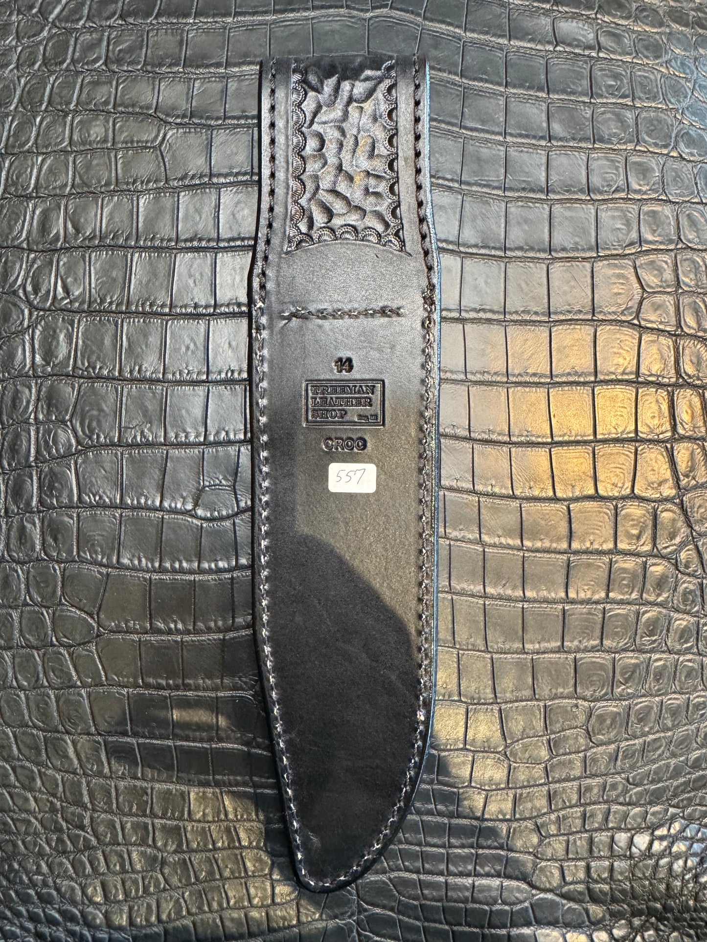 Randall Model 14 in Black Crocodile Straight hilt, Canteen Snap, full brass stamping and stitching.