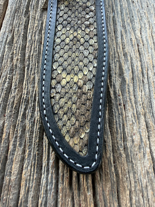 Randall Model 1-8 sheath with inlayed Western Diamondback RattleSnake skin from Treeman Sheaths. Brown leather, white deviated stitching and black canteen snaps.