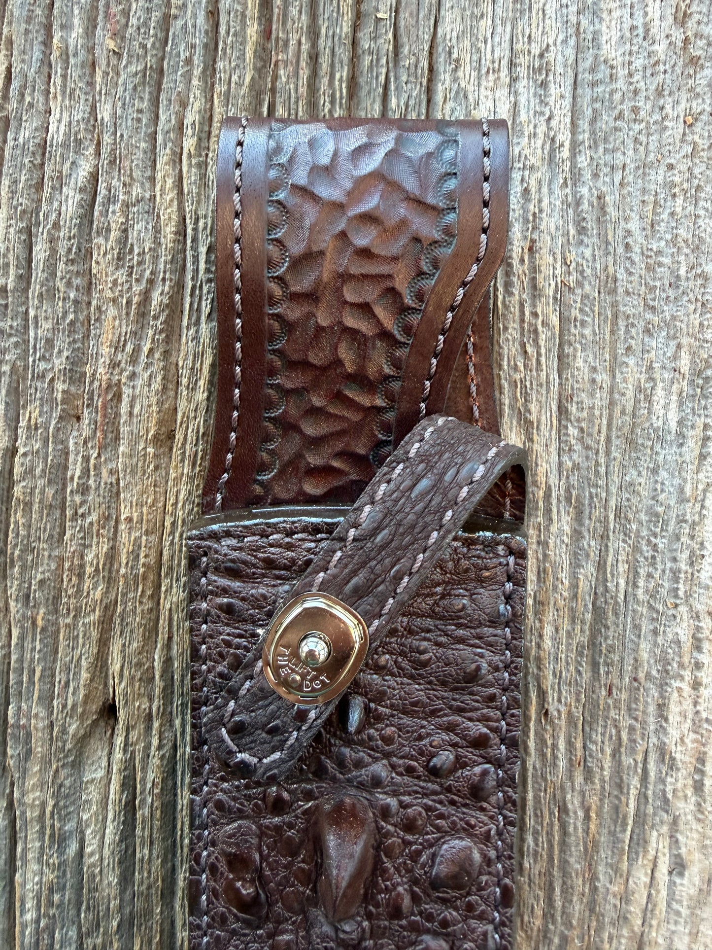 New Randall Model 12-9/14 Grind Sheath in Exotic Brown Snapping Turtle by Treeman. Spiked Dragon tail portion of the turtle.