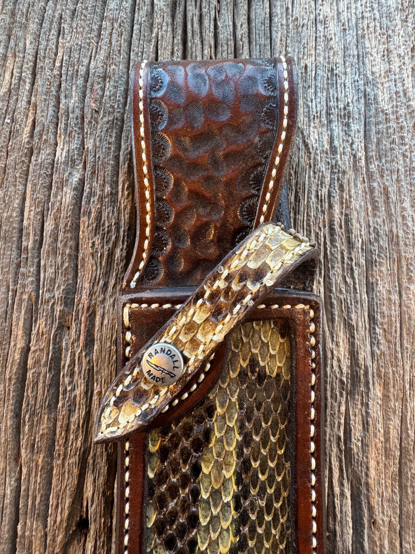 New Randall Model 12-9 Bowie in Exotic Brown Scale Python inlay (very rare) Custom Made at Sullivan’s by Gutcher.