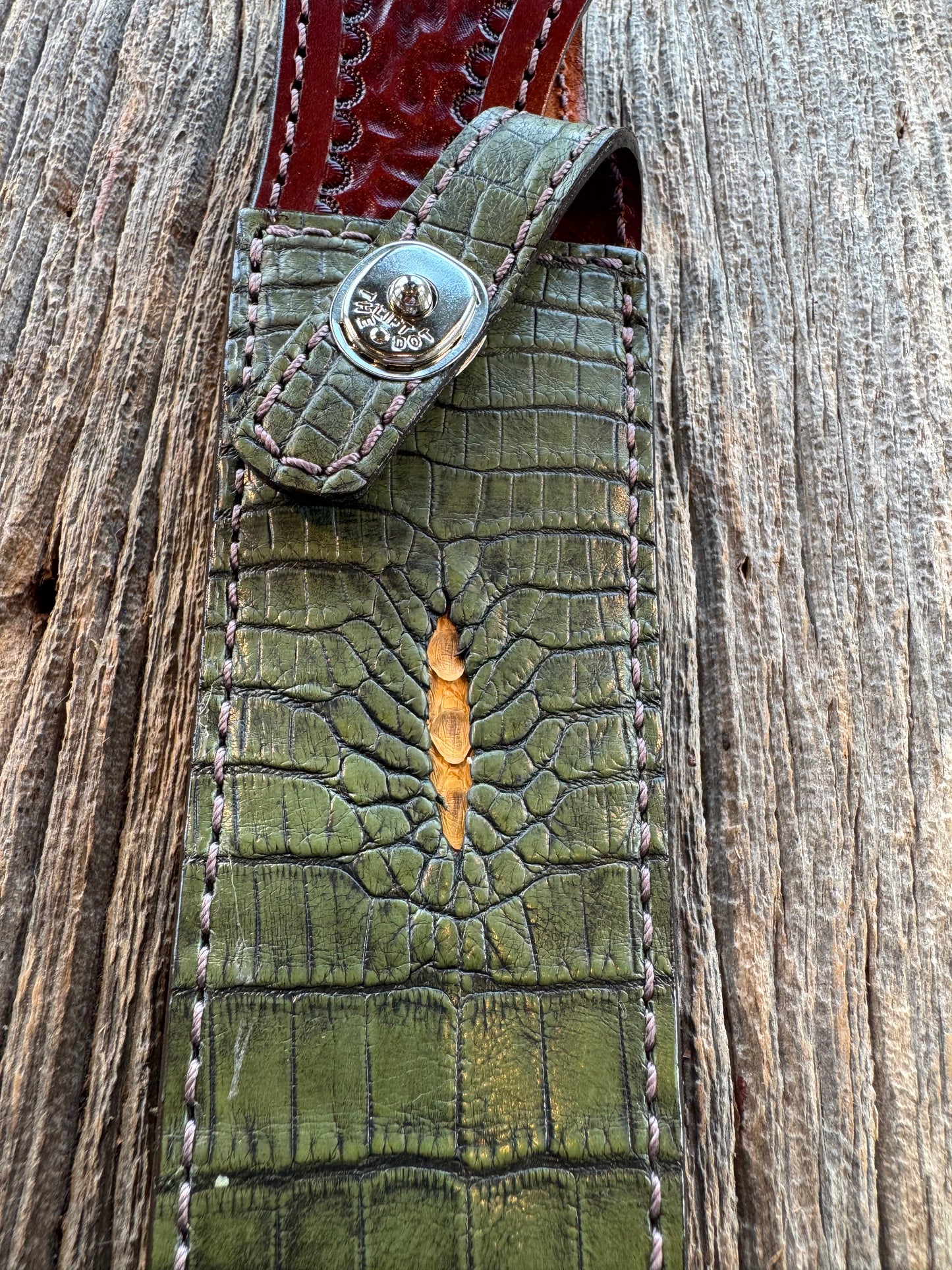 Randall Model 2-8 Sheath in Exotic Army Green Crocodile Anus from Treeman.