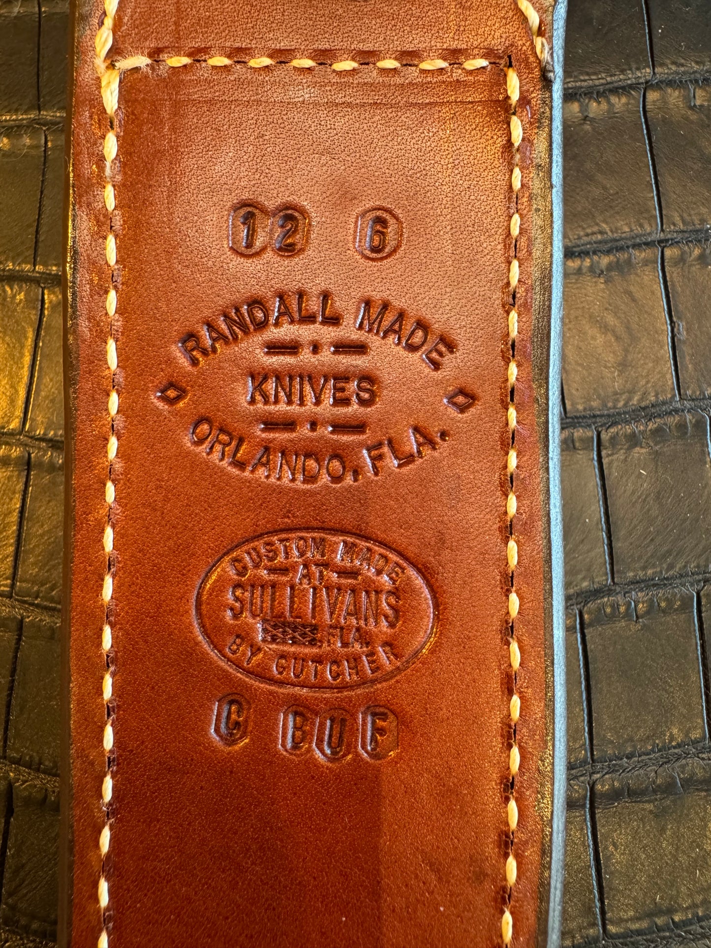 Randall Model 12-6 Exotic Cape Buffalo Brown Sheath from Sullivans by Gutcher.