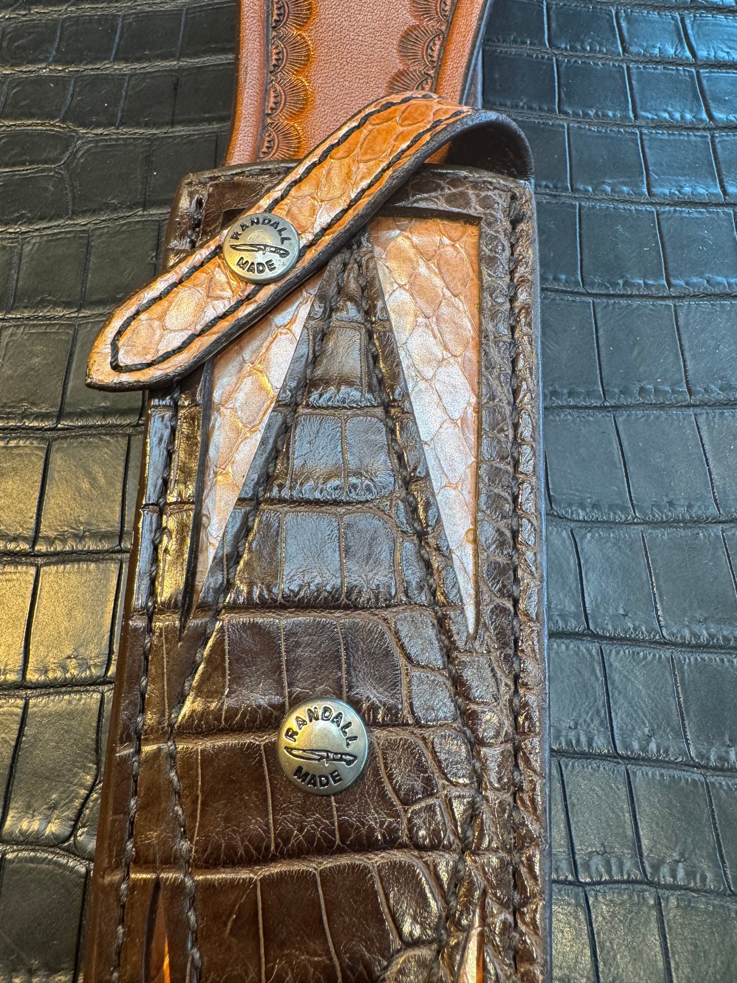 Randall Model Clinton Special Sheath in Exotic Diamond Pattern Inlaid with Brown Crocodile over Python Custom Made at Sullivan’s by Gutcher.
