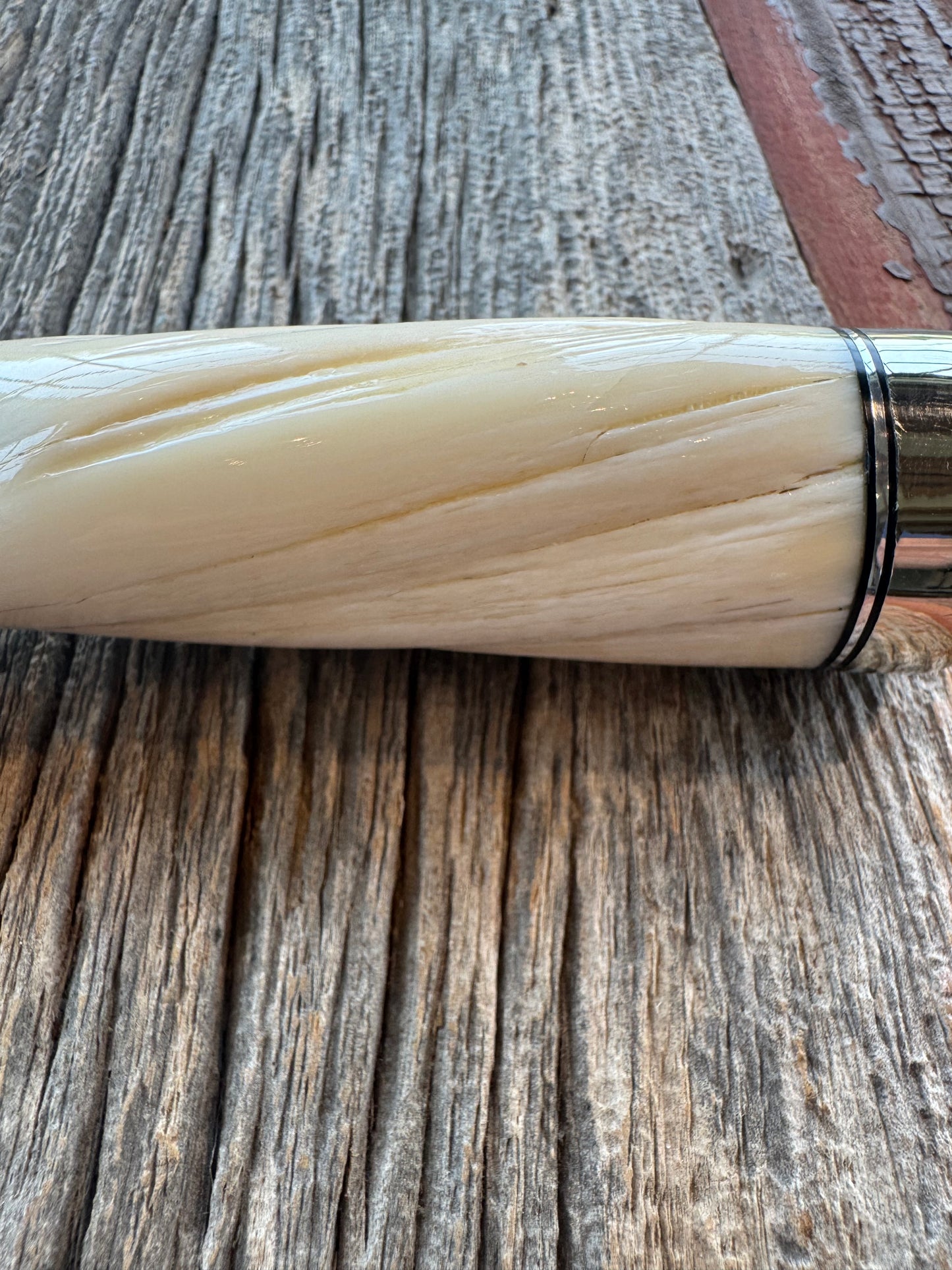 Rare Randall Model Combat Companion in Beautiful Spiraled Narwal, Nickel Silver Hilt and butt cap, black and silver spacers. SS Stunning and rare.