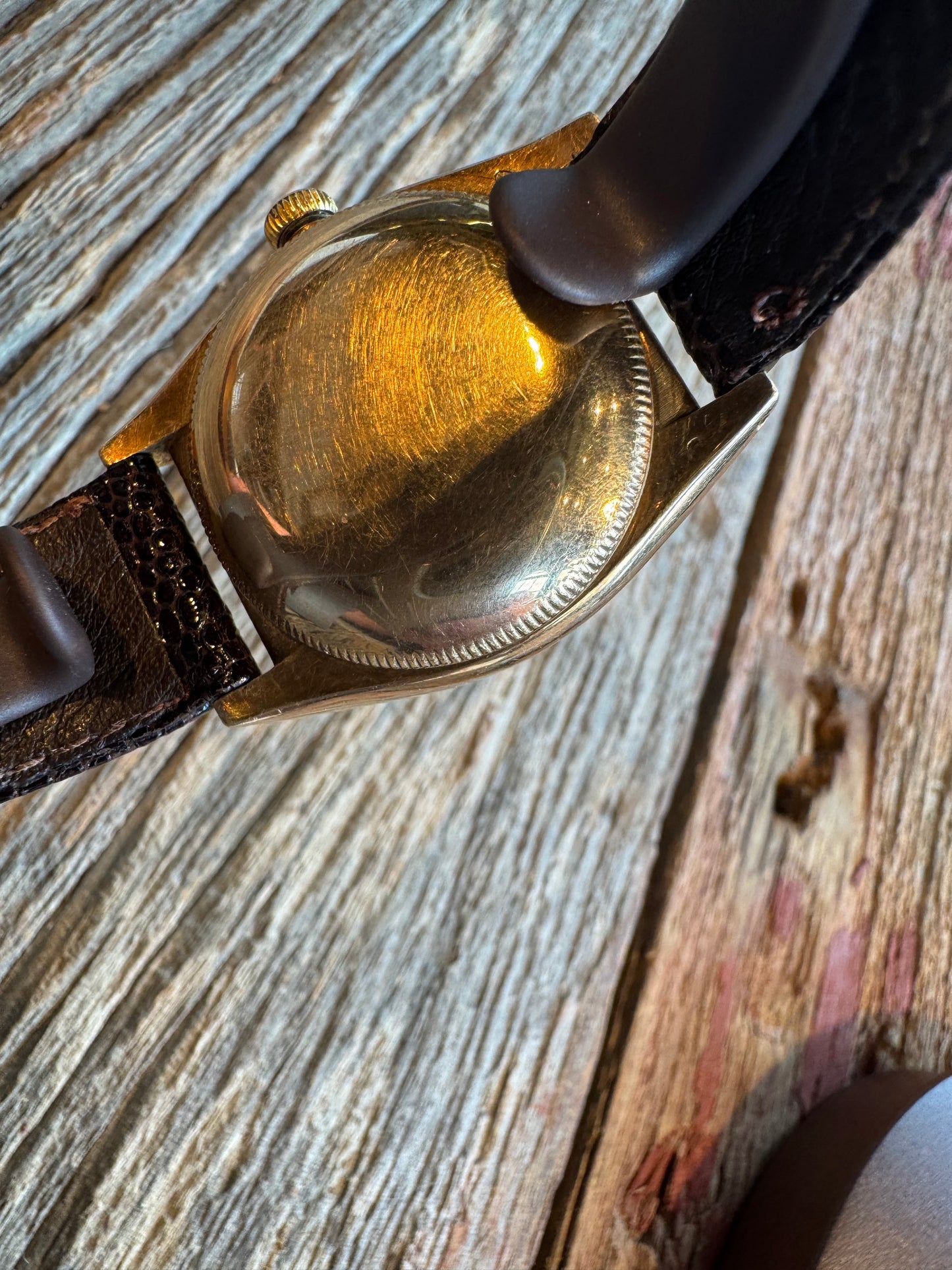Vintage Rolex Oyster Perpetual Bubble Back circa 1940-1942 Rose Gold case with cream dial. Hirsch Lizard 18mm strap. No box or papers.