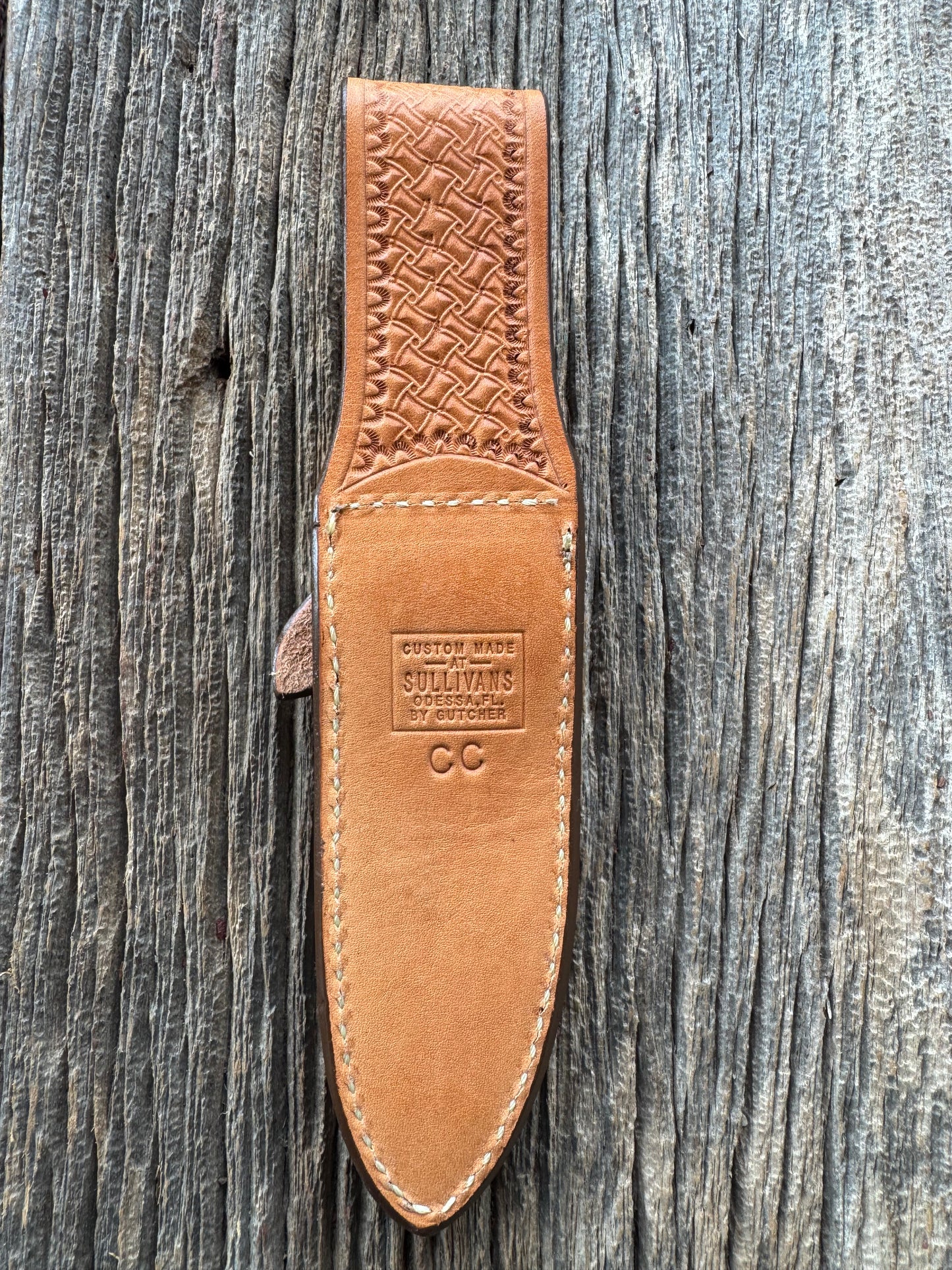 New Randall Model Combat Companion Sheath in Exotic Brown Natural Croc with full leather hand tooled belt loop. Custom Made at Sullivan’s by Gutcher.