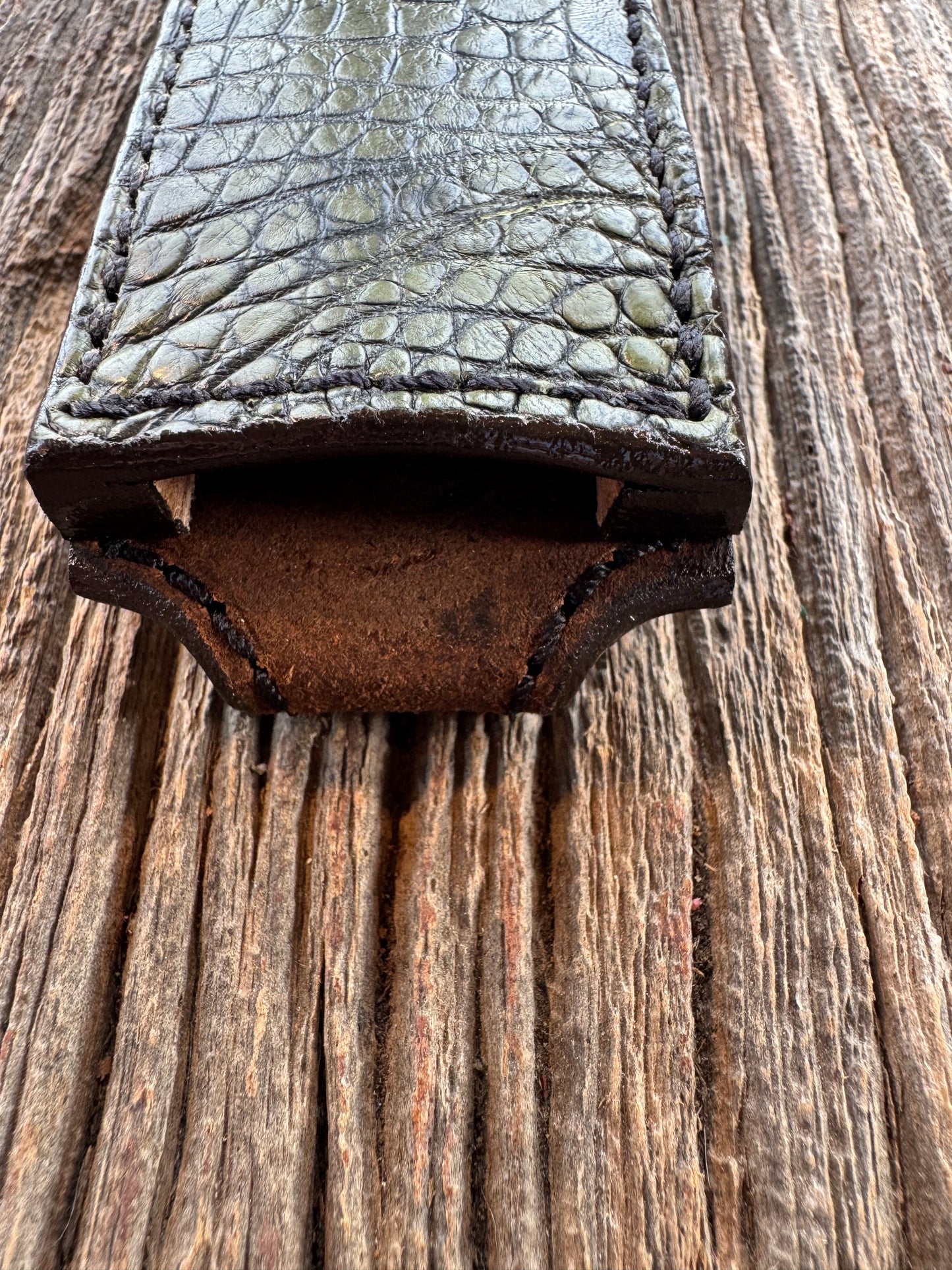 Randall Model 10-7 Fisherman Exotic Sheath in Army Green Crocodile by Treeman.
