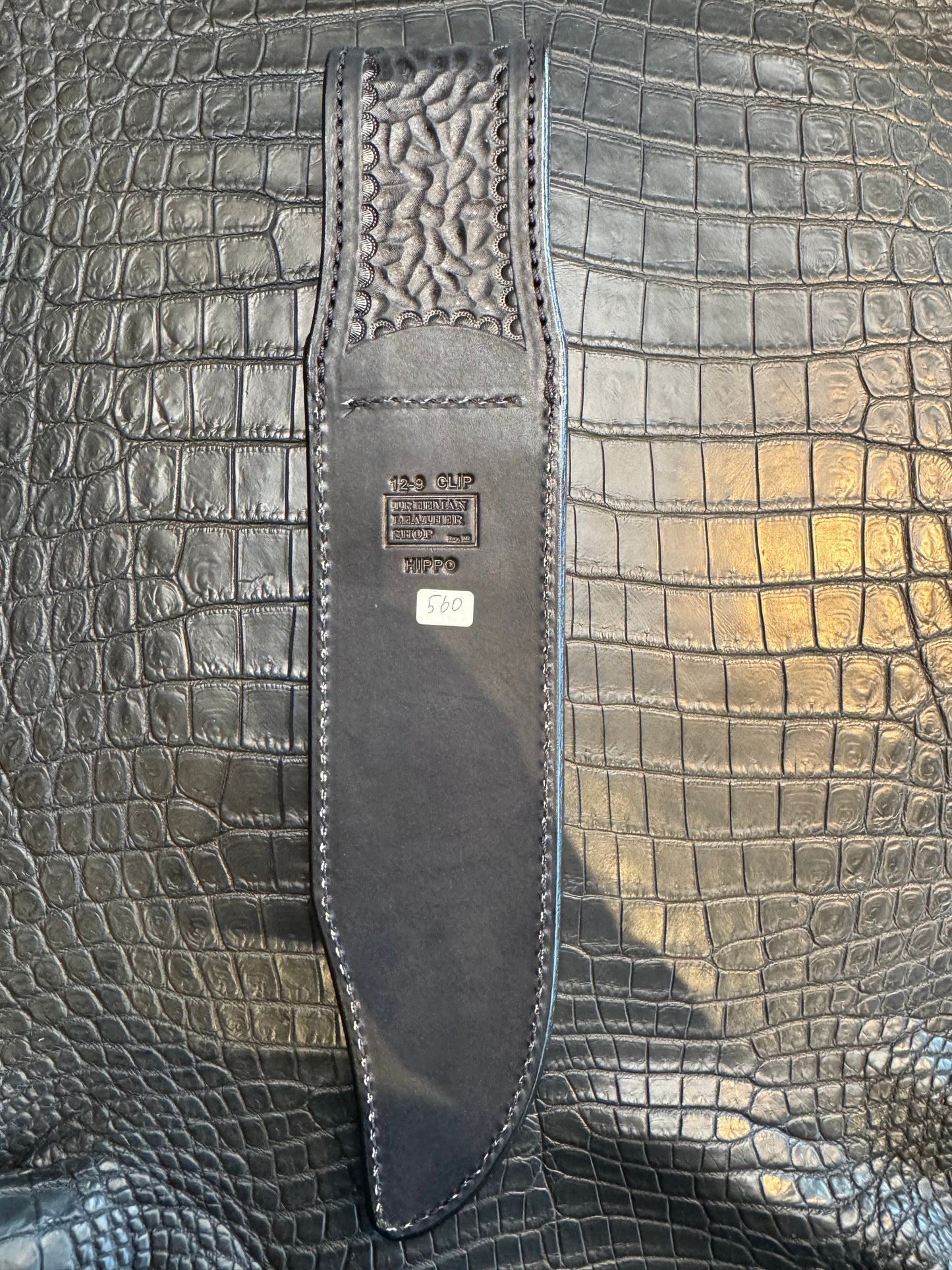 Randall Model 12-9 Bowie Clip Point in Black Hippo, forward curved hilt, Canteen Snap, full brass stamping and stitching.
