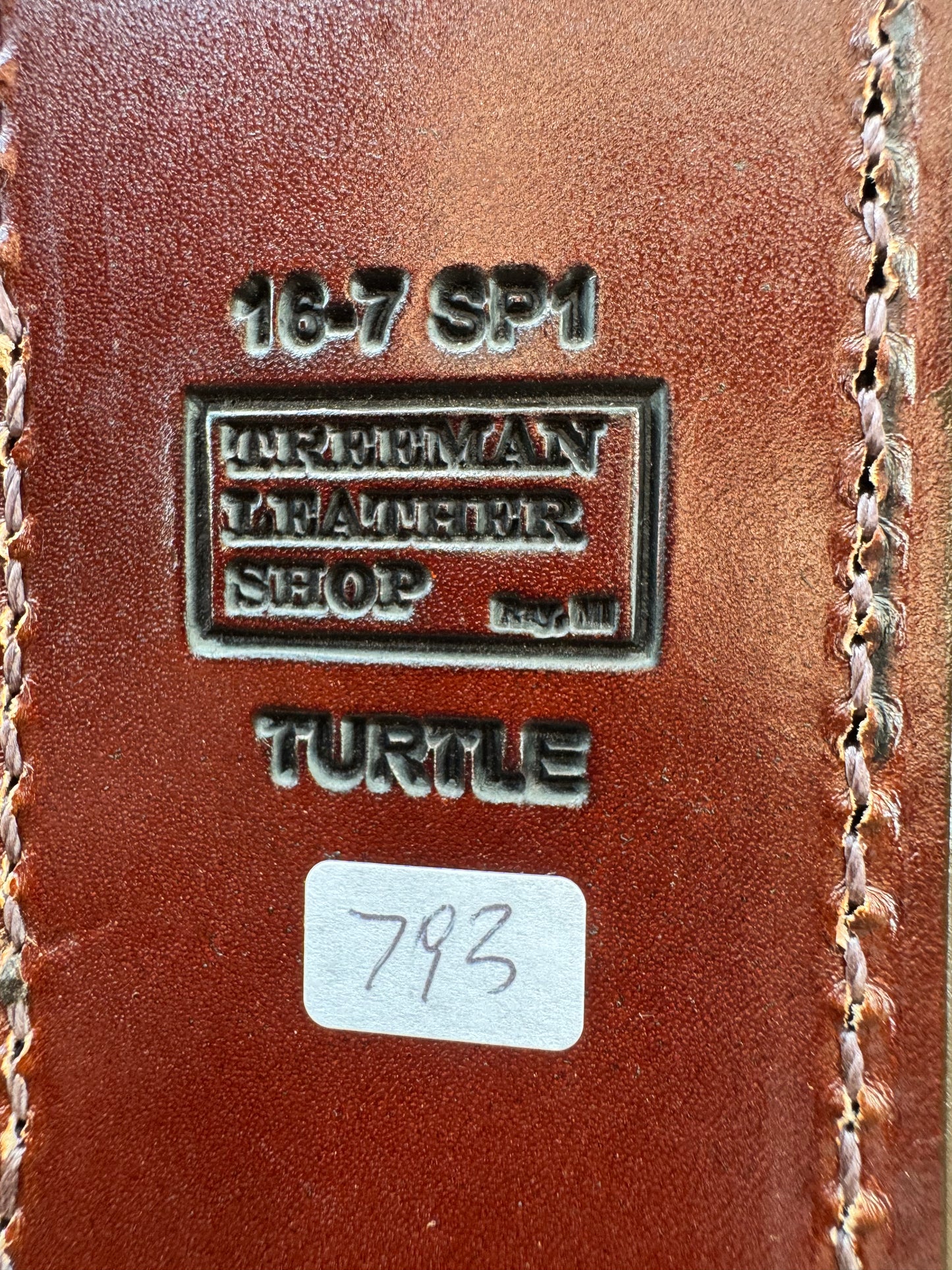 Randall Model 16-7 SP1 Sheath in Exotic Brown Snapping Turtle by Treeman. Spiked Dragon tail portion of the turtle.