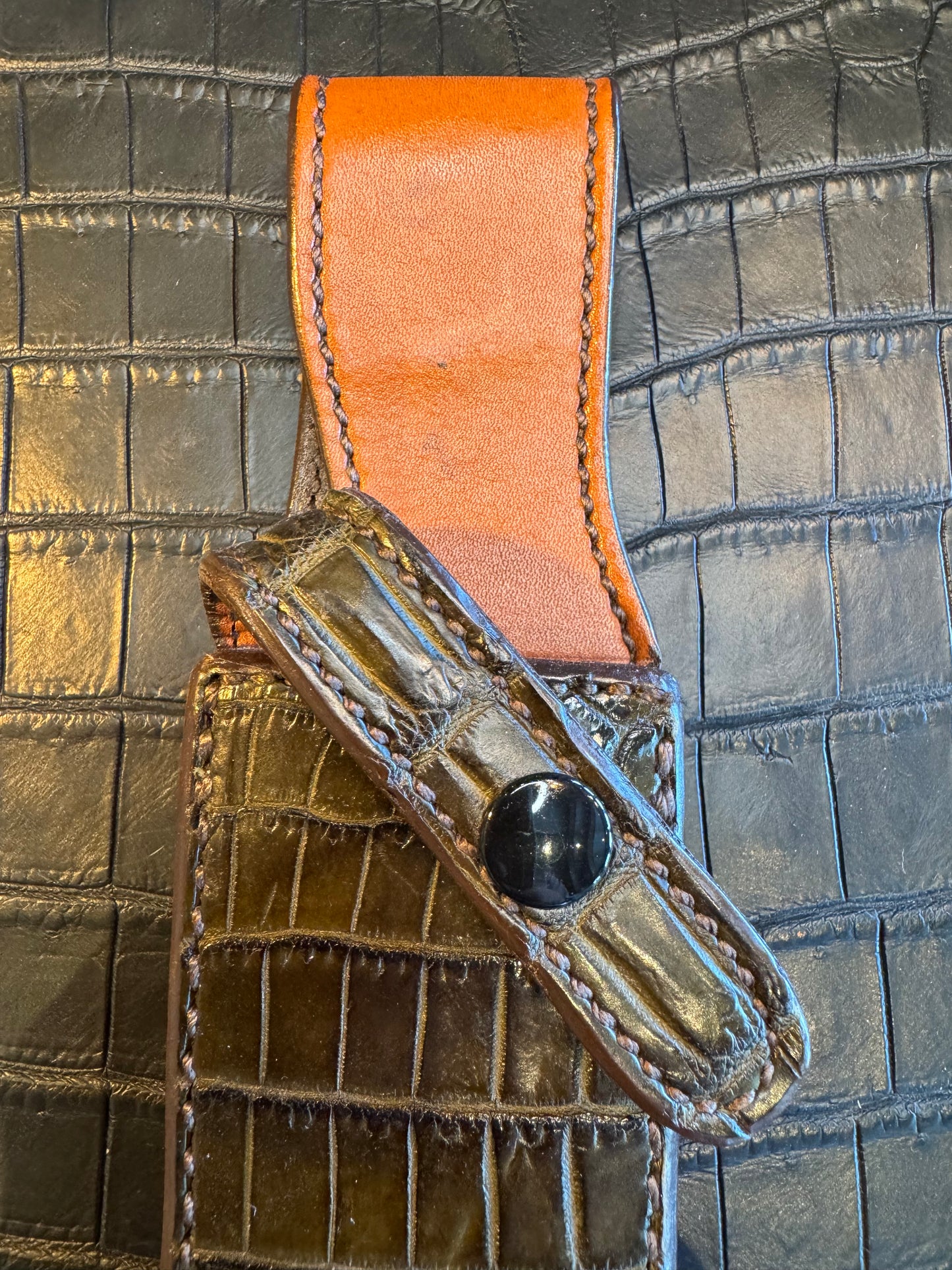 Randall Model 1-7 or 2-7 Exotic Brown Crocodile skin Sheath from Sullivans by Gutcher.