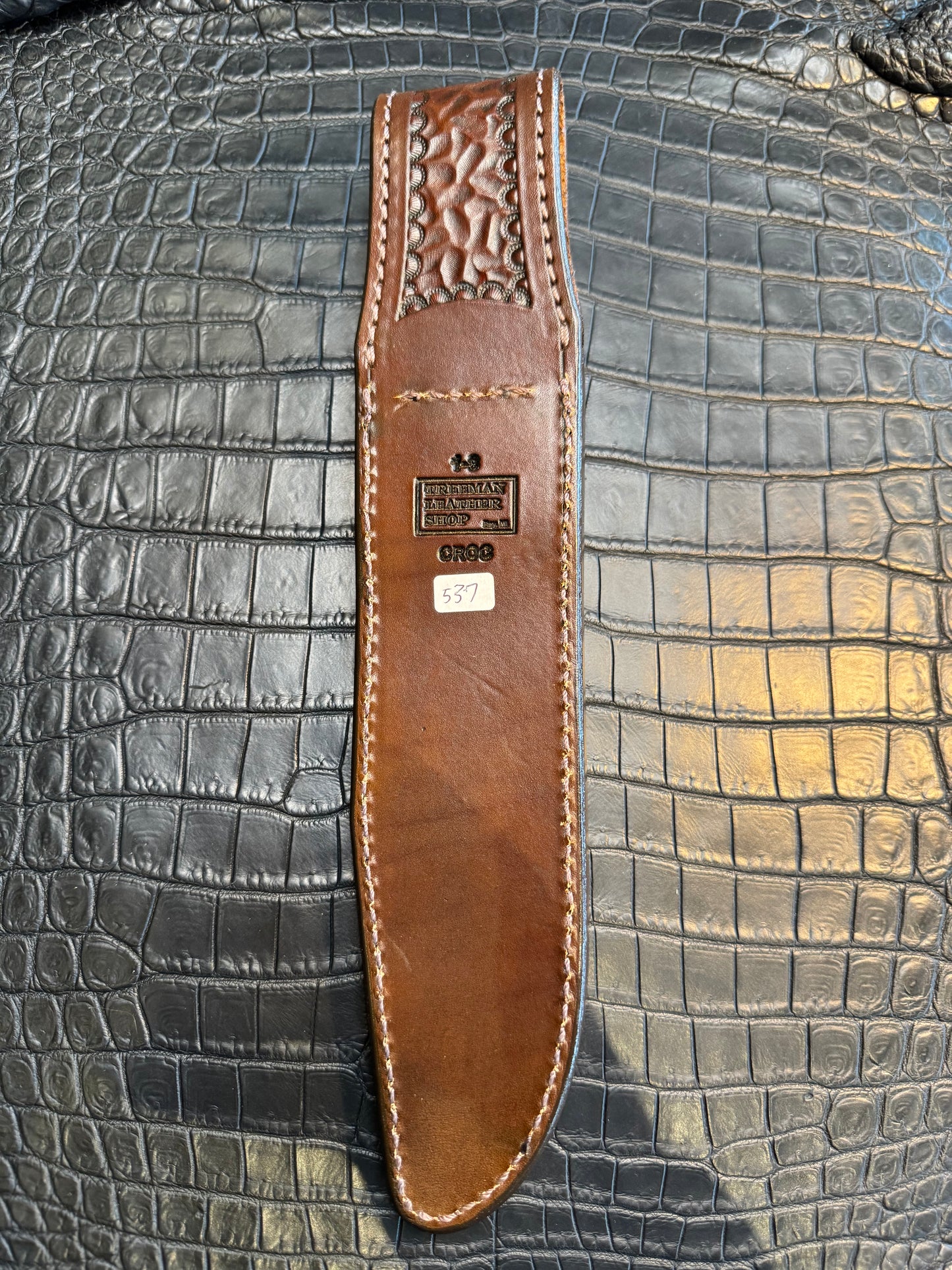 Randall Model 1-8 in Army Green Crocodile. Straight hilt, Canteen Snap, full brass stamping and stitching.