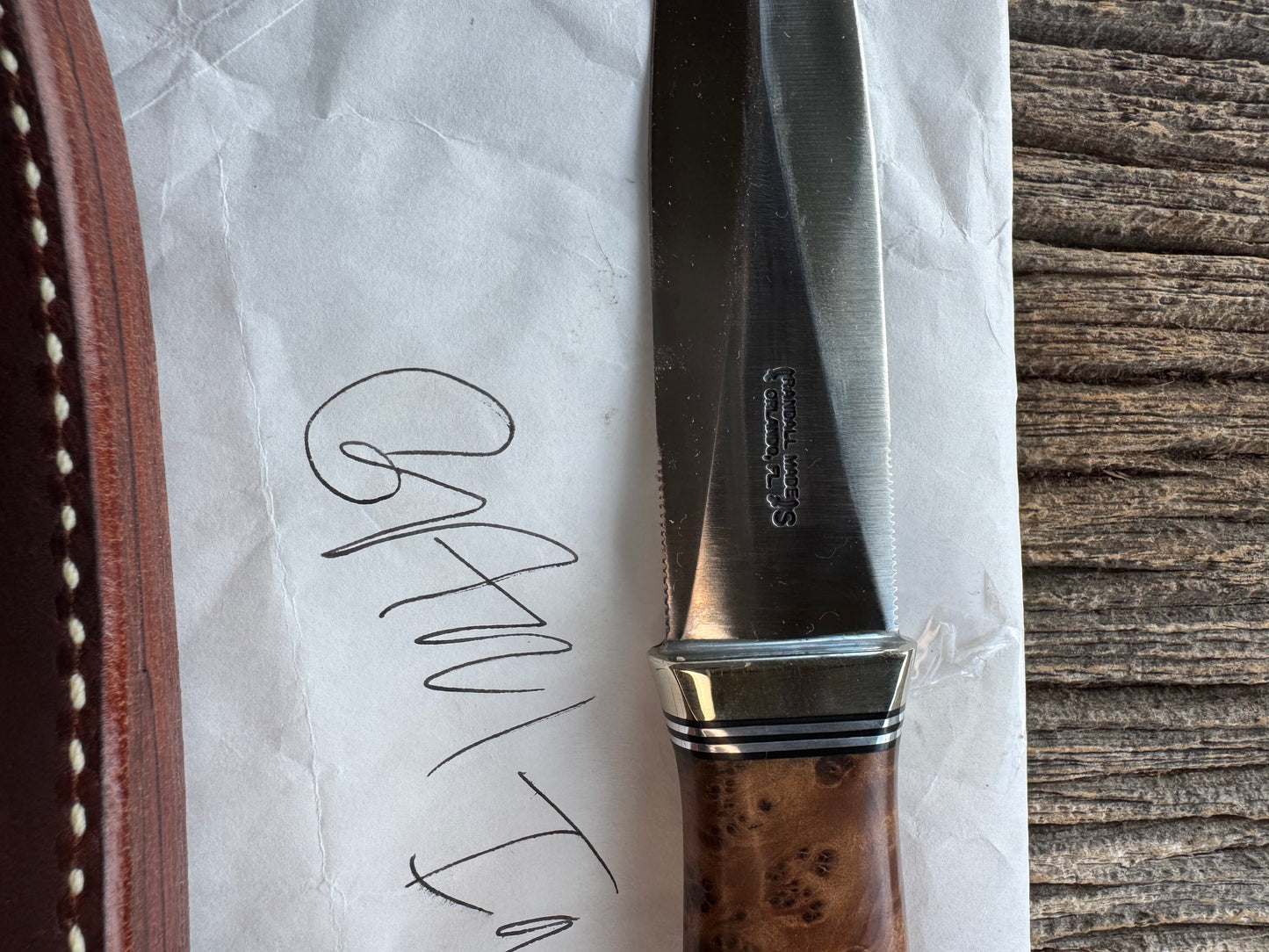 New in Paper Randall Model “Gambler” 4 Inch in Thuya Wood, Nickel hilt, Stainless, black and aluminum spacers.