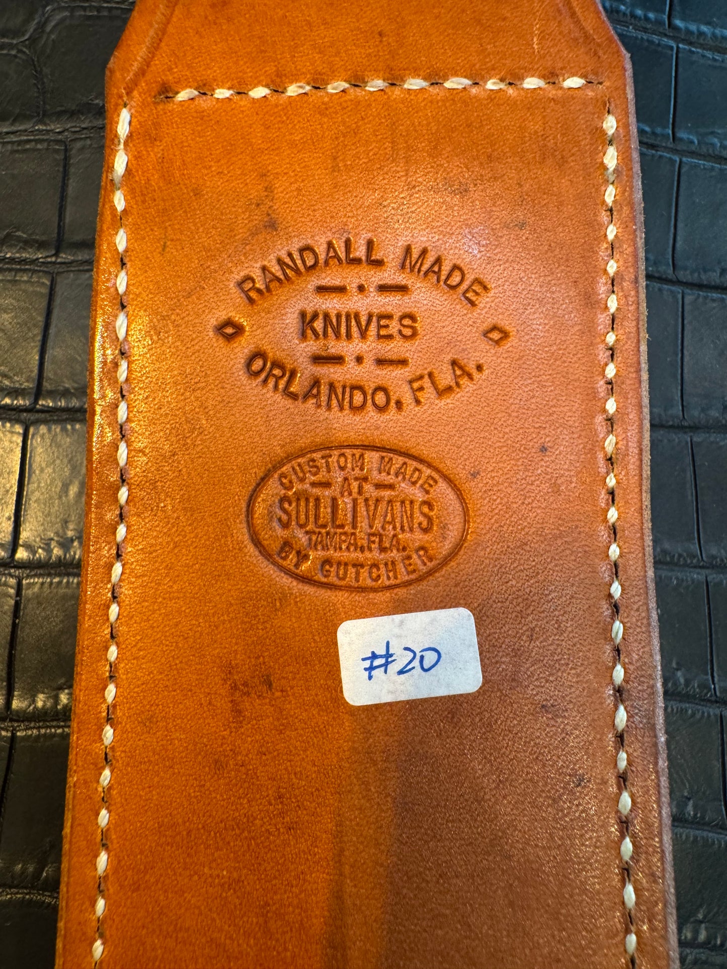 Randall Model 12-9 Sheath (with Stone) in Tan Leather made at Sullivans by Gutcher in Tampa Florida. Official sheath maker for Randall Knives.