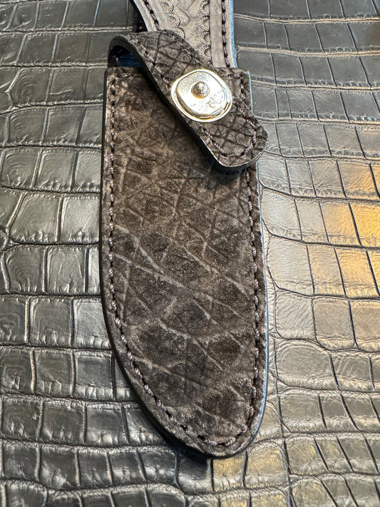 Randall Model 23 in Black Hippo Straight hilt, Canteen Snap, full brass stamping and stitching.