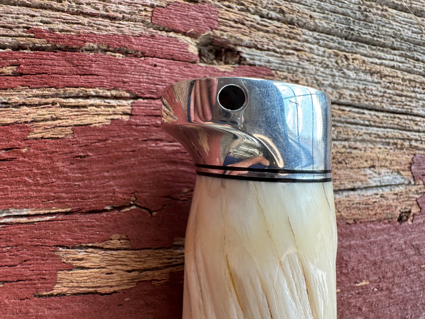 Rare Randall Model Small Sasquatch in Beautiful Spiraled Narwal, Nickel Silver hilt and aluminum crows beak butt. Stainless steel, Stunning and rare.