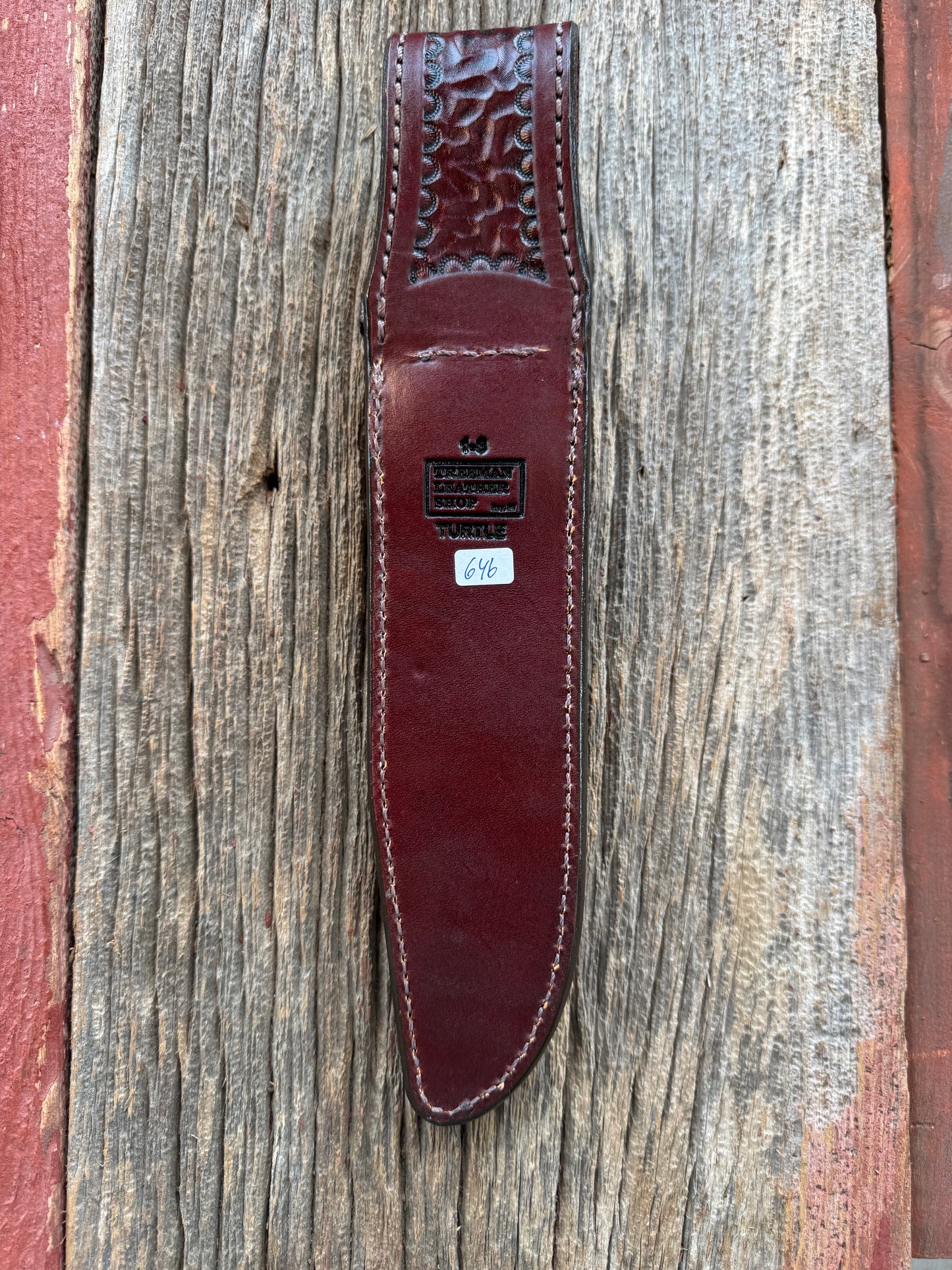 Randall Model 1-8 Sheath in Exotic Brown Snapping Turtle by Treeman. Hind quarter portion of the turtle.