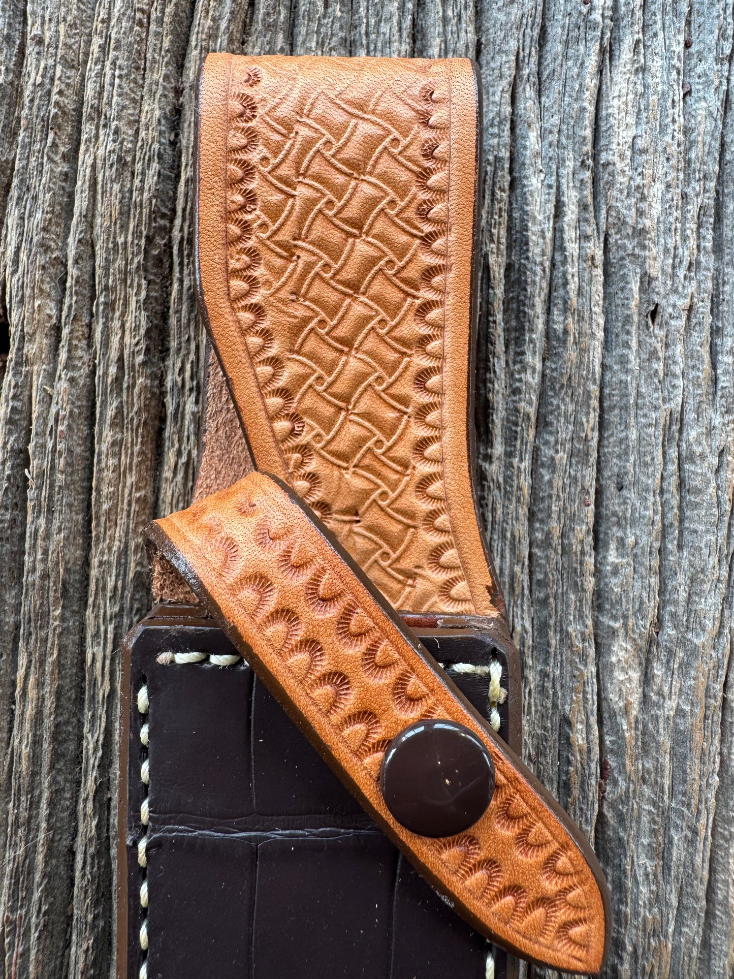 New Randall Model Combat Companion Sheath in Exotic Brown Natural Croc with full leather hand tooled belt loop. Custom Made at Sullivan’s by Gutcher.