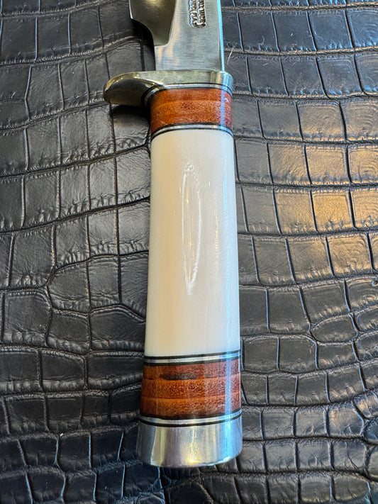 Randall Model 25-6 in Elephant Ivory with stacked Leather, Nickel Silver Hilt and Aluminum Butt cap. Flawless.