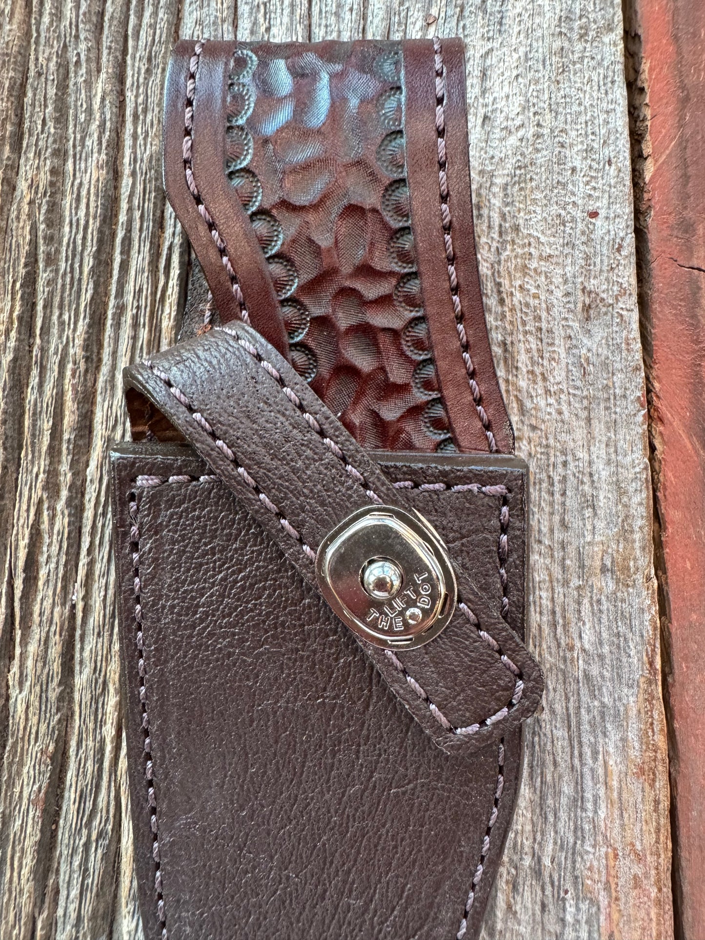 Randall Model 19-5 Exotic Cape Buffalo Sheath in dark brown leather from Treeman.