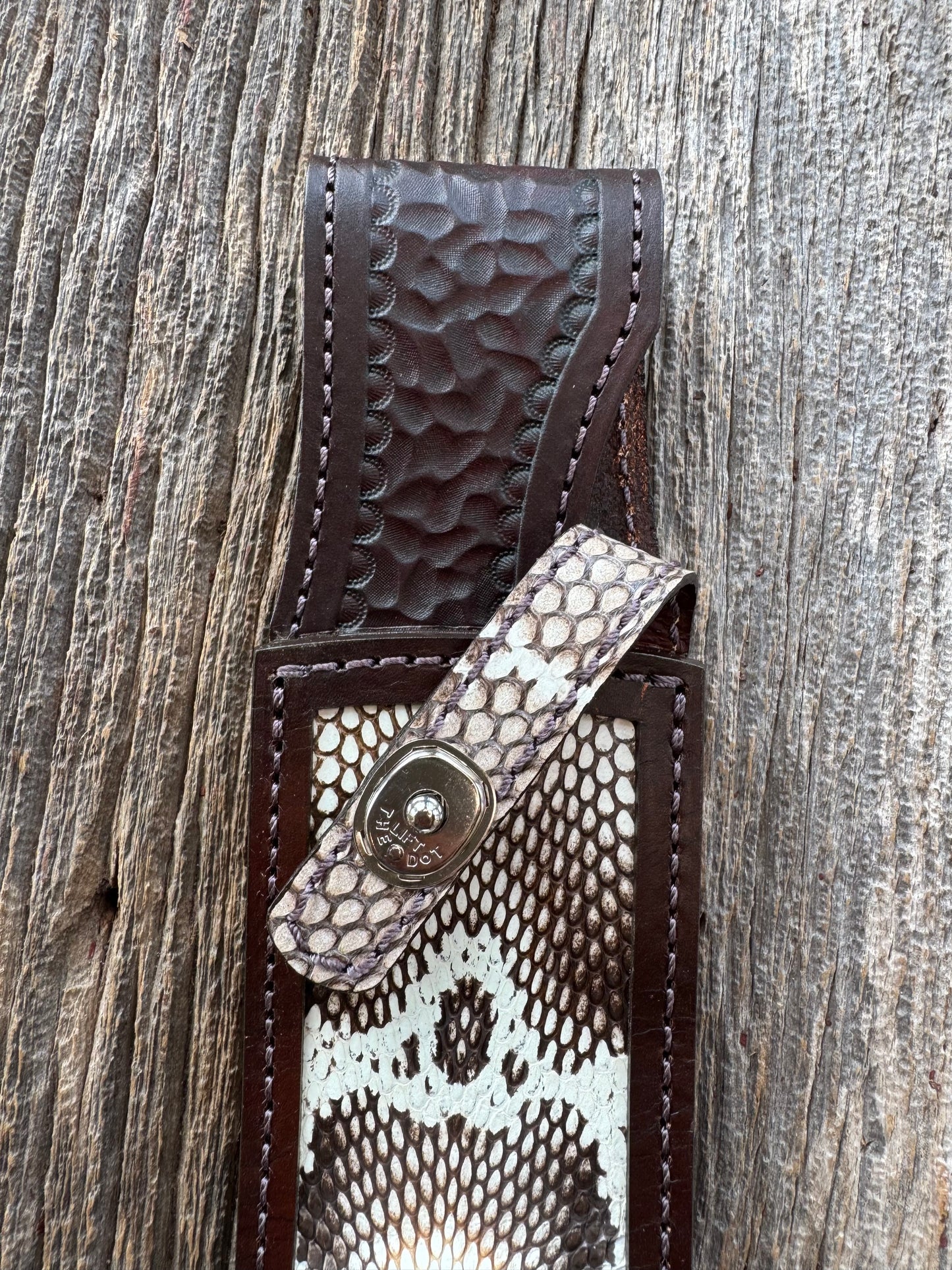 Randall Model 12-9 Bowie Sheath in Exotic Cobra with actual head by Treeman. White and Brown … my only 12-9.