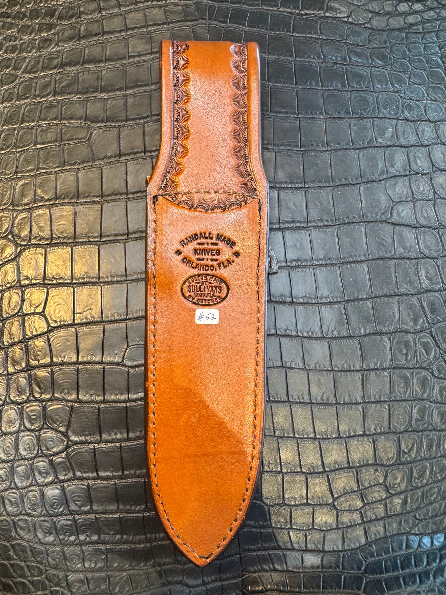 Randall Model Clinton Special Sheath in Exotic Diamond Pattern Inlaid with Brown Crocodile over Python Custom Made at Sullivan’s by Gutcher.