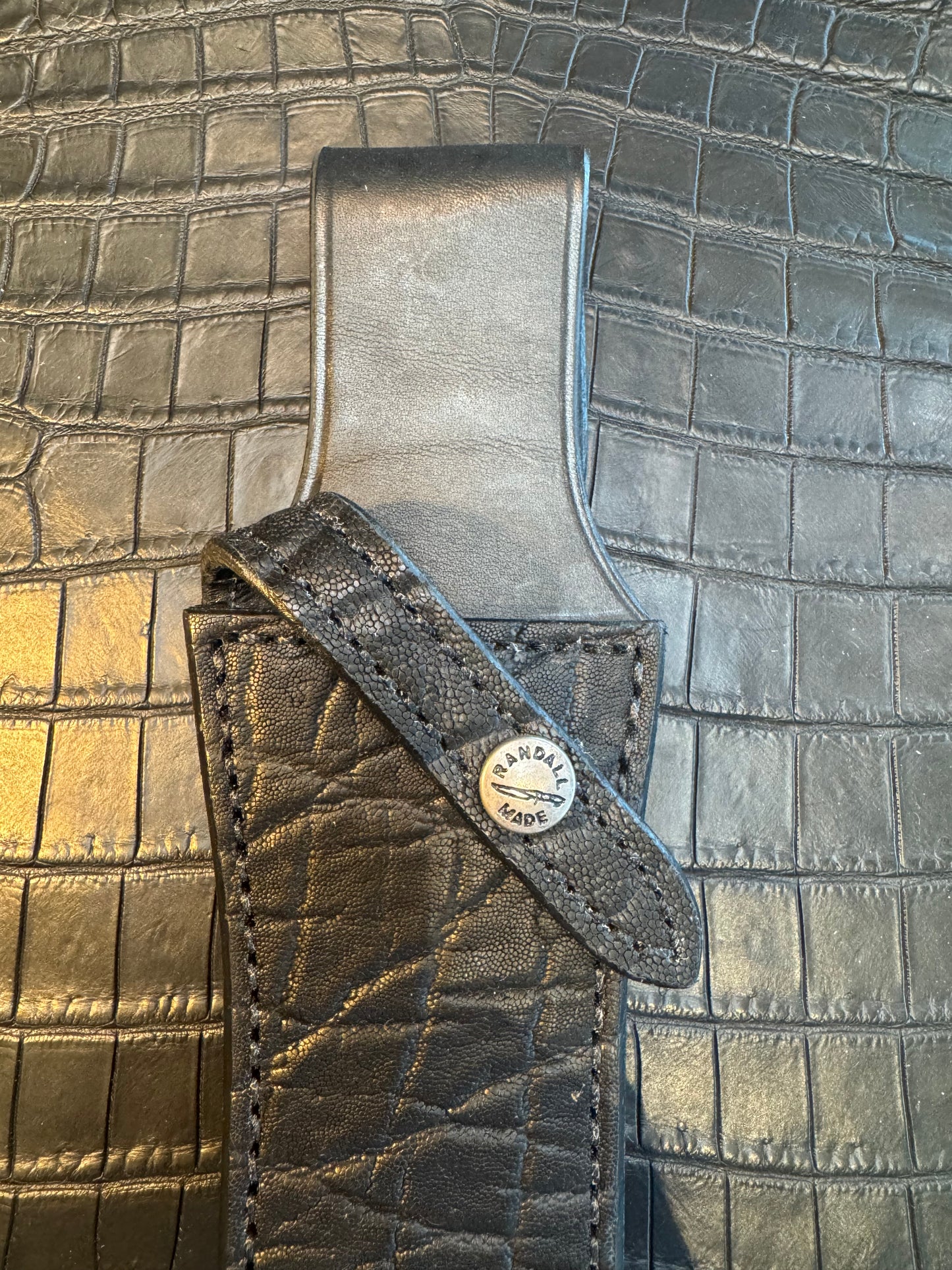 New Randall Model 1-7 or 2-7 Sheath in Exotic Black Elephant Custom Made at Sullivan’s by Gutcher.